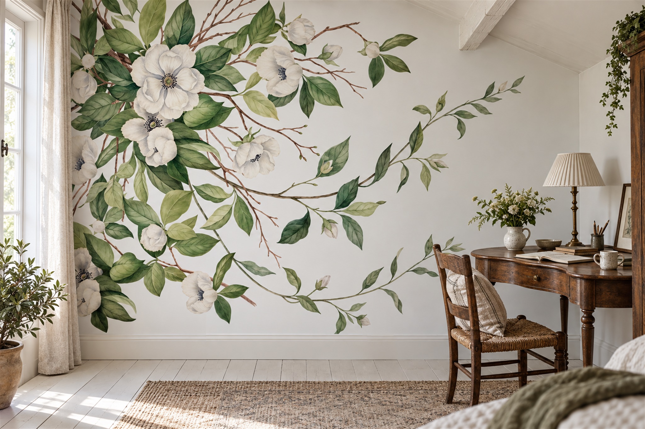 White Flowers And Green Branches Framing Wallpaper Mural — Wallpaper Mural Design, Peel-and-stick Finish