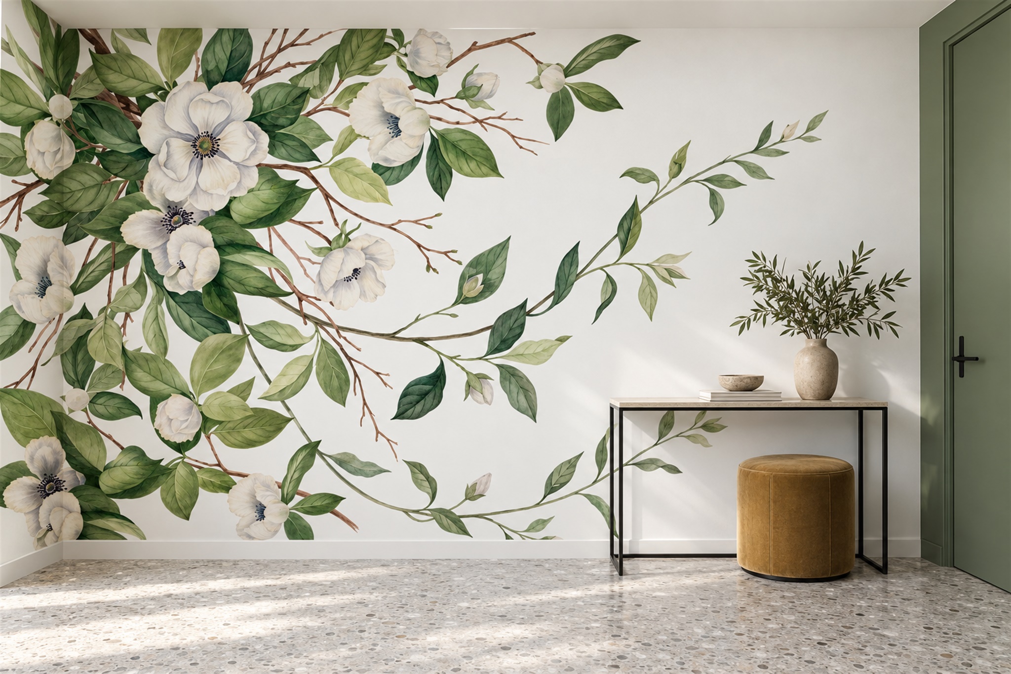 White Blossom Botanical Wallpaper Mural Entryway-wallpaper-murals, Peel-and-stick Finish