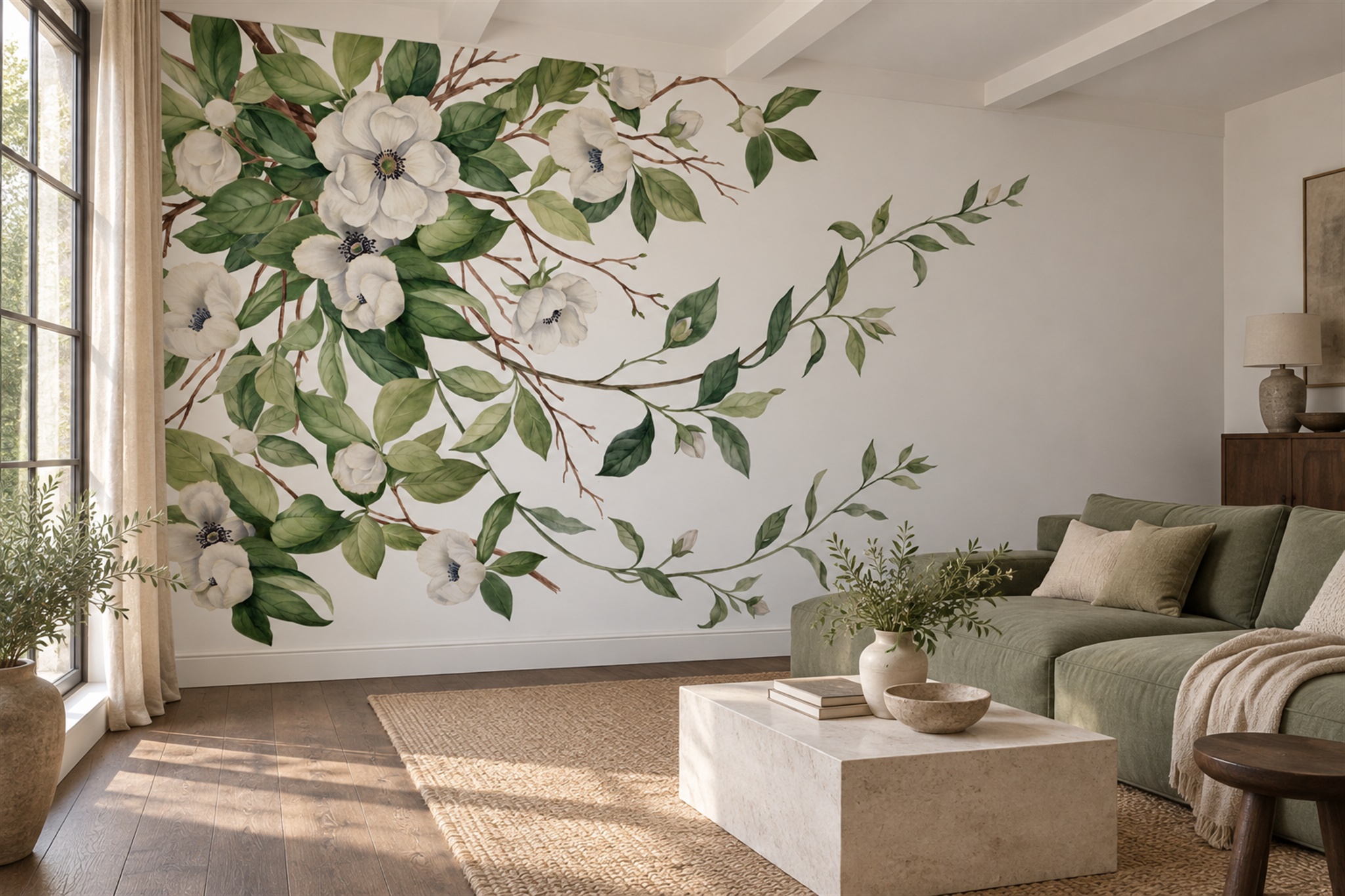 White Blossom Botanical Wallpaper Mural Accent-wall-wallpaper-murals, Peel-and-stick Finish