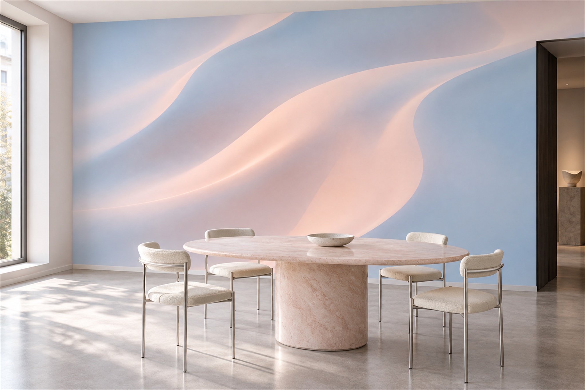 Blue Pattern Decorative Wallpaper Mural Layered Detail Wallpaper Mural Dining-room-wallpaper-murals, Shown In A Dining Room, Peel-and-stick Finish
