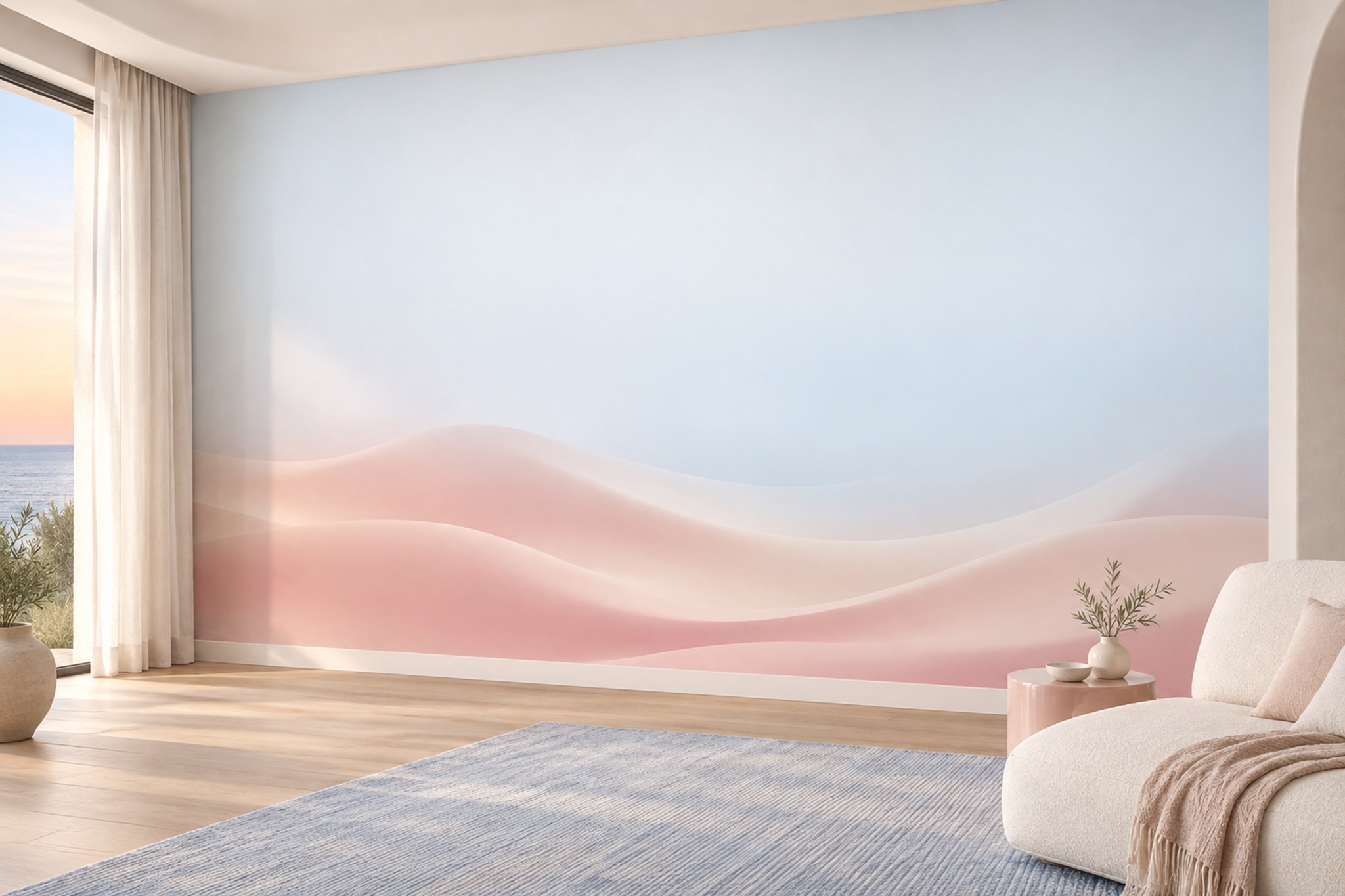 Pink Pattern Decorative Illustrated Wallpaper Mural Living-room-wallpaper-murals, Shown In A Living Room, Peel-and-stick Finish