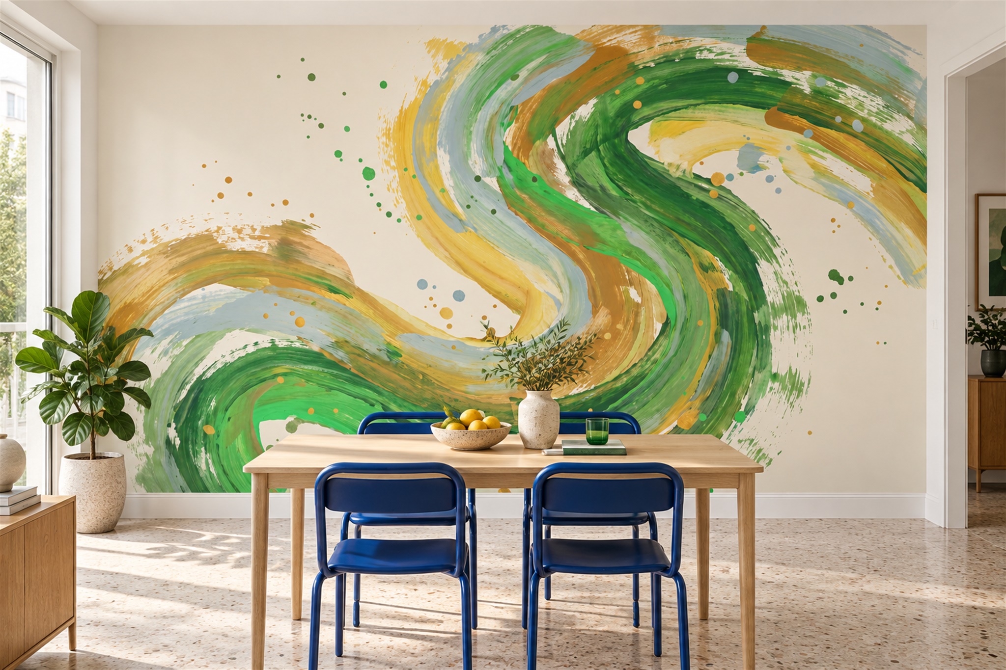 Green Swirl Artful Wallpaper Mural Dining-room-wallpaper-murals, Shown In A Dining Room, Peel-and-stick Finish