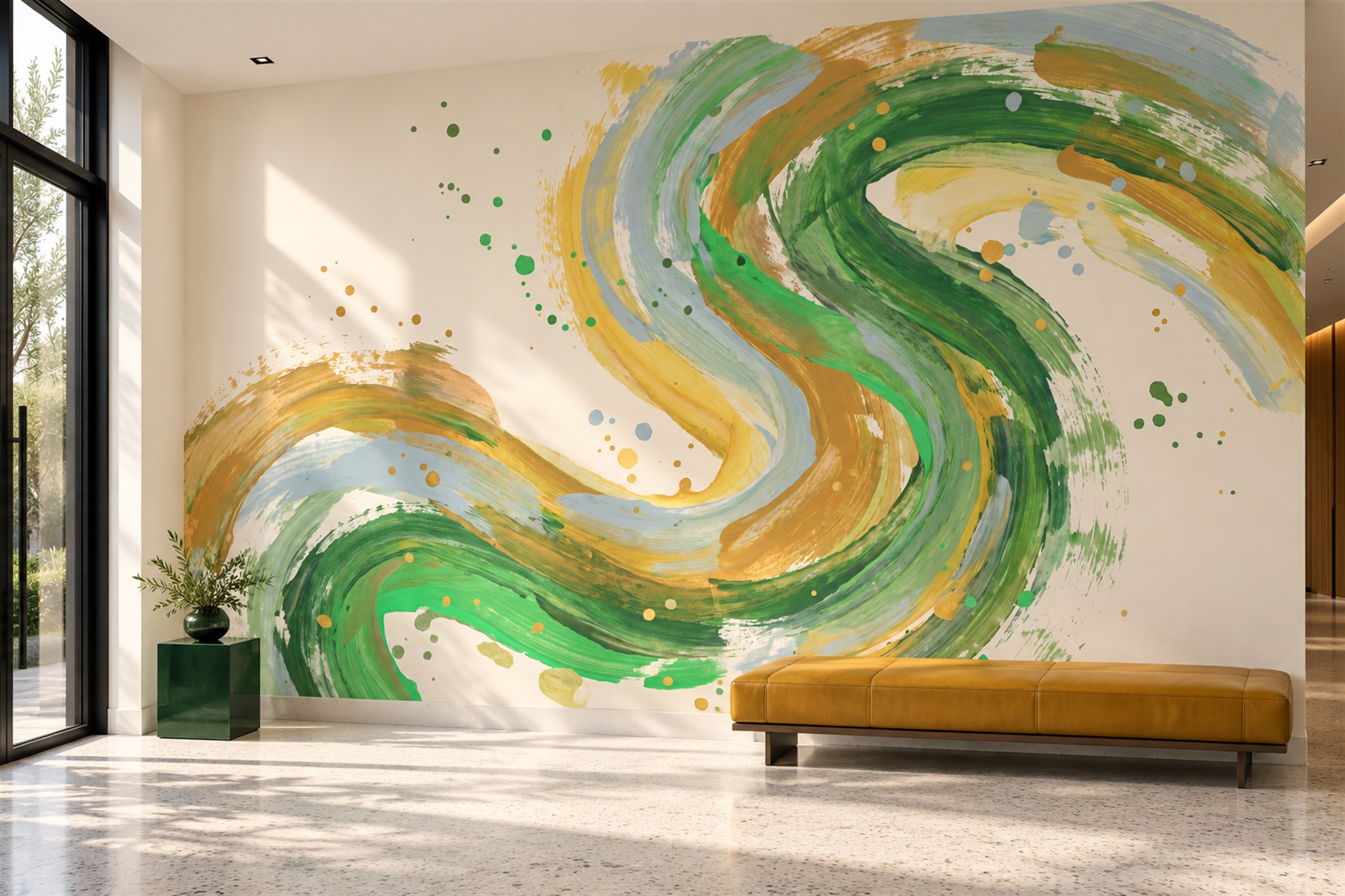 Green Swirl Artful Wallpaper Mural Living-room-wallpaper-murals, Peel-and-stick Finish