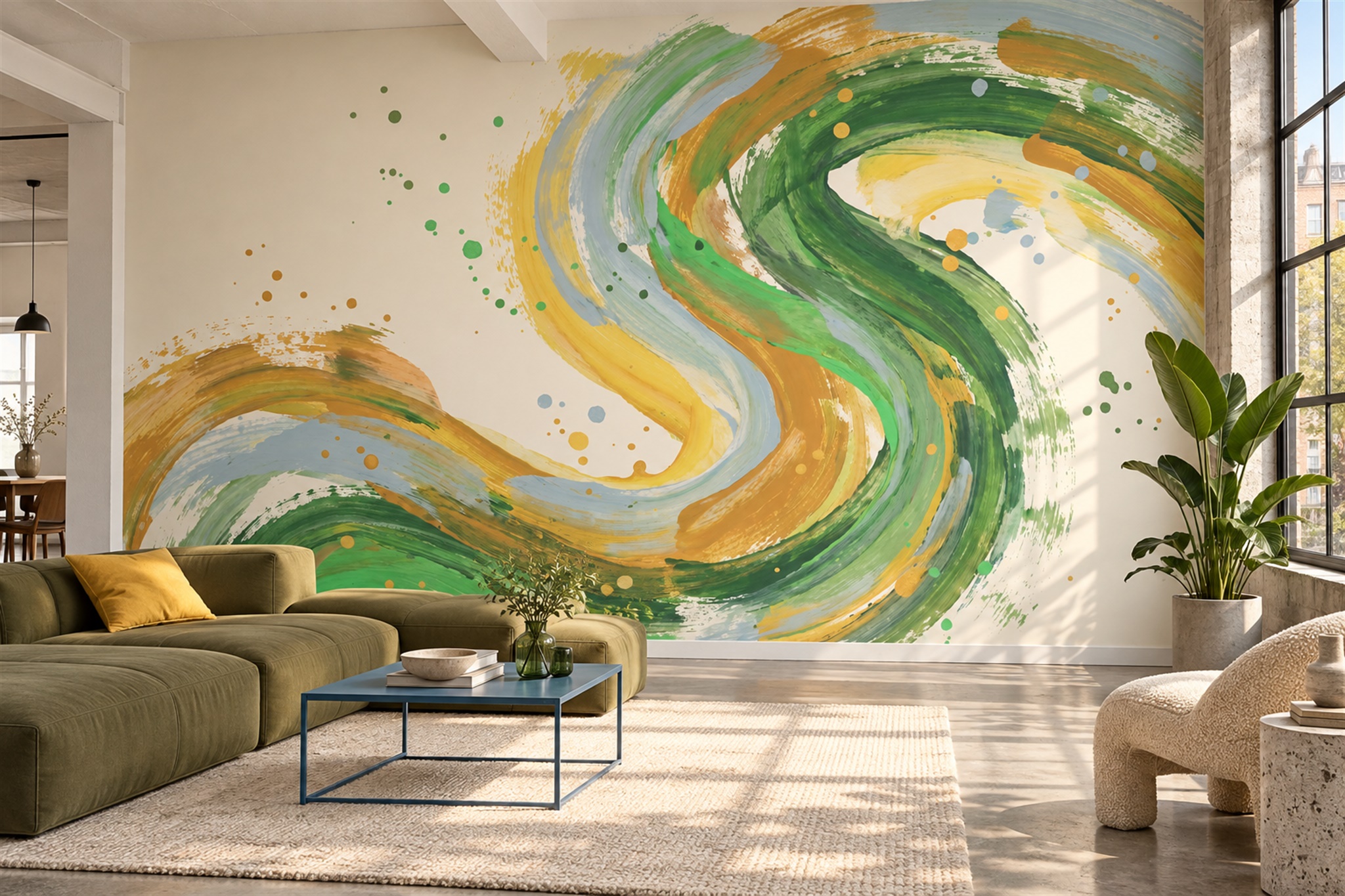 Green And Gold Swirling Brushstroke Wallpaper Mural — Wallpaper Mural Design, Peel-and-stick Finish