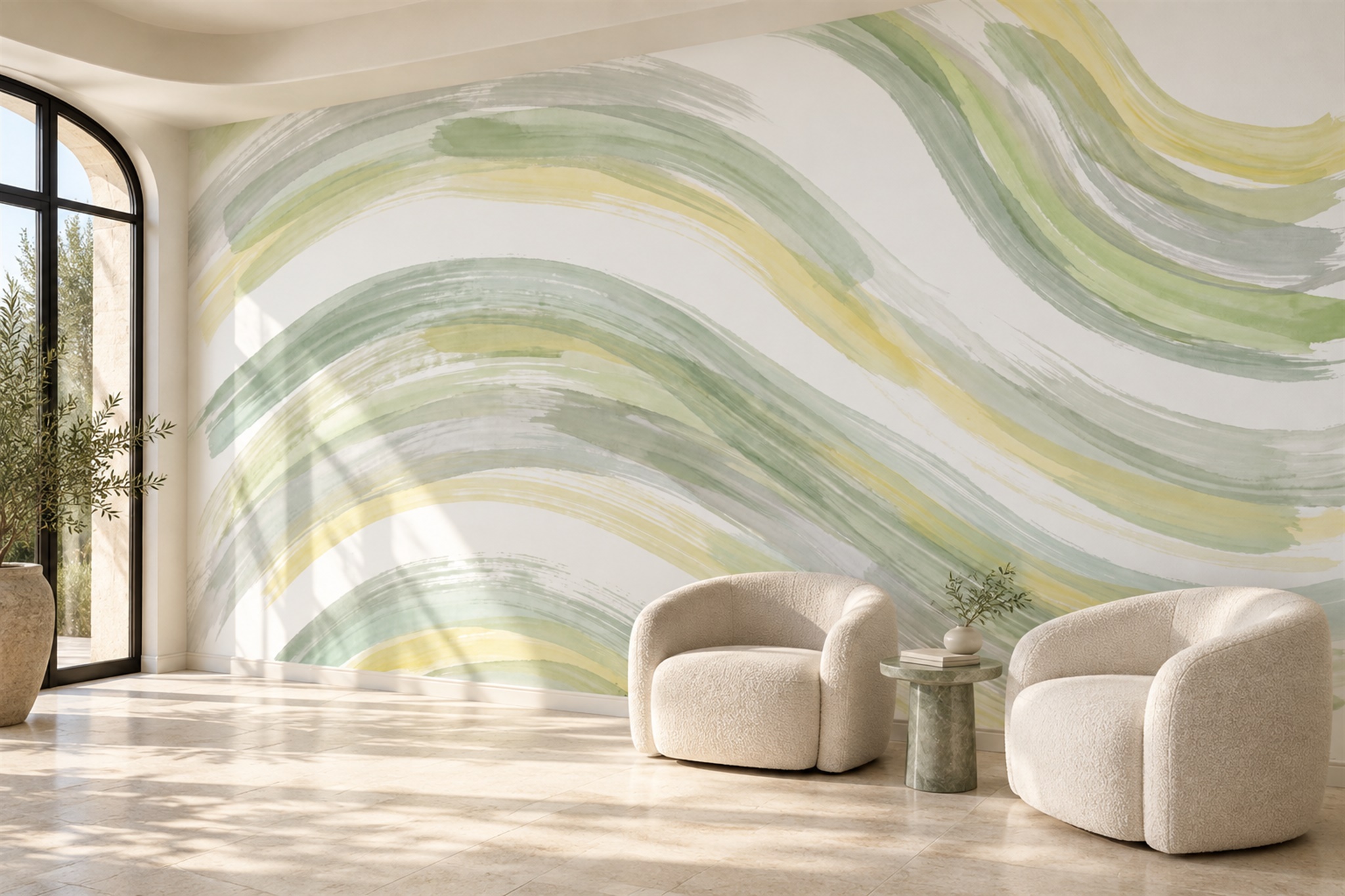 Sage Waves Artful Wallpaper Mural Living-room-wallpaper-murals, Shown In A Living Room, Peel-and-stick Finish