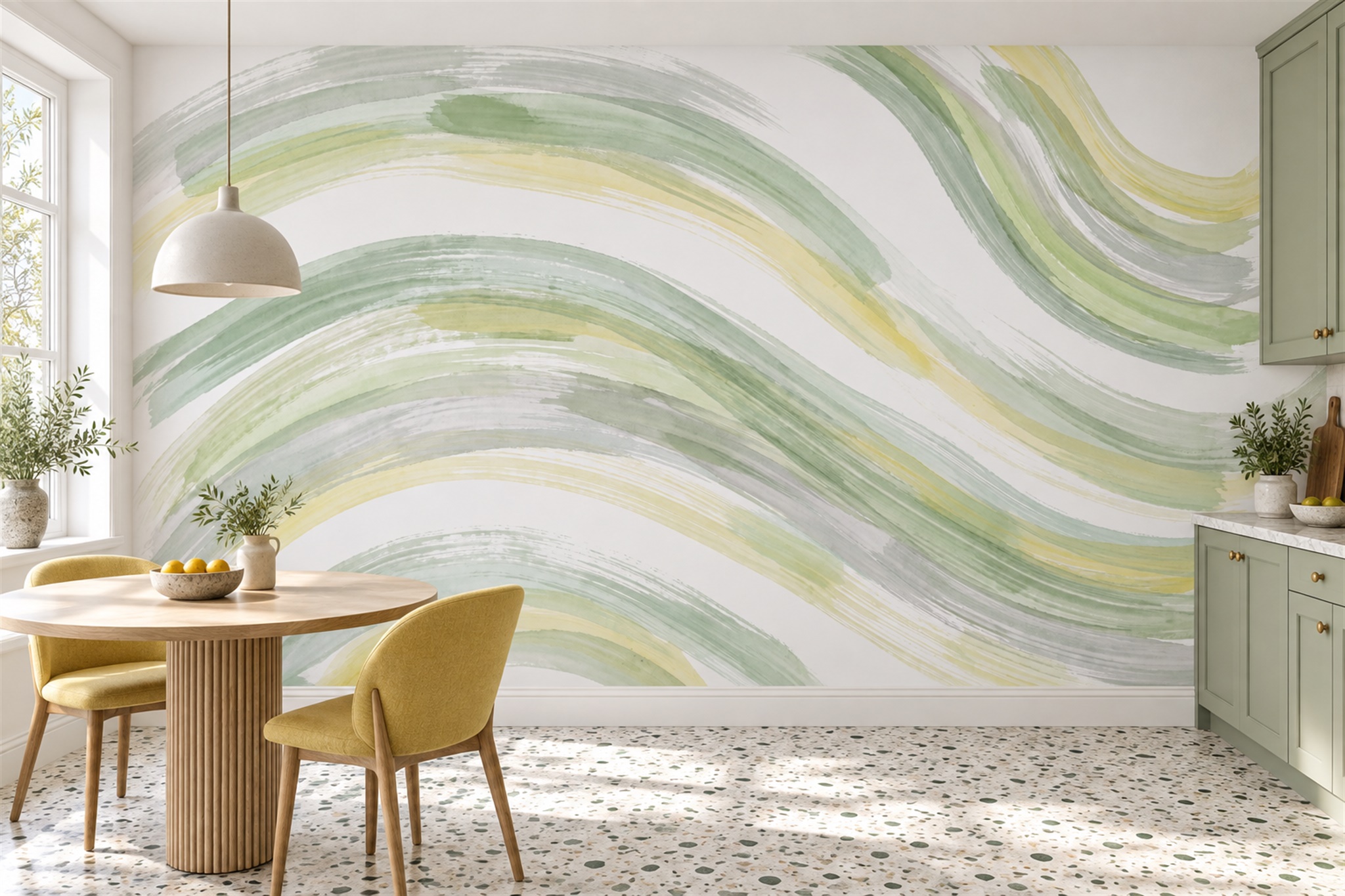 Sage And White Watercolour Wave Lines Wallpaper Mural — Wallpaper Mural Design, Peel-and-stick Finish