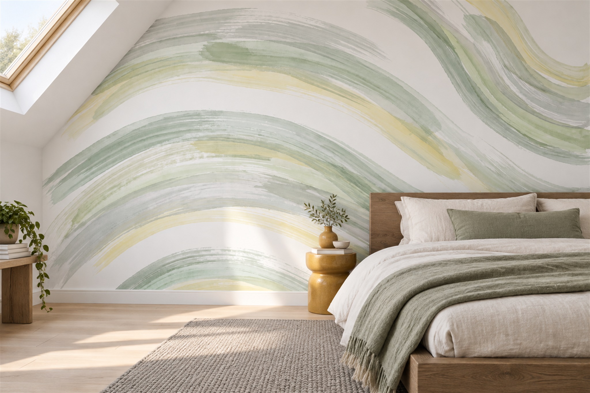 Sage Waves Artful Wallpaper Mural Bedroom-wallpaper-murals, Peel-and-stick Finish