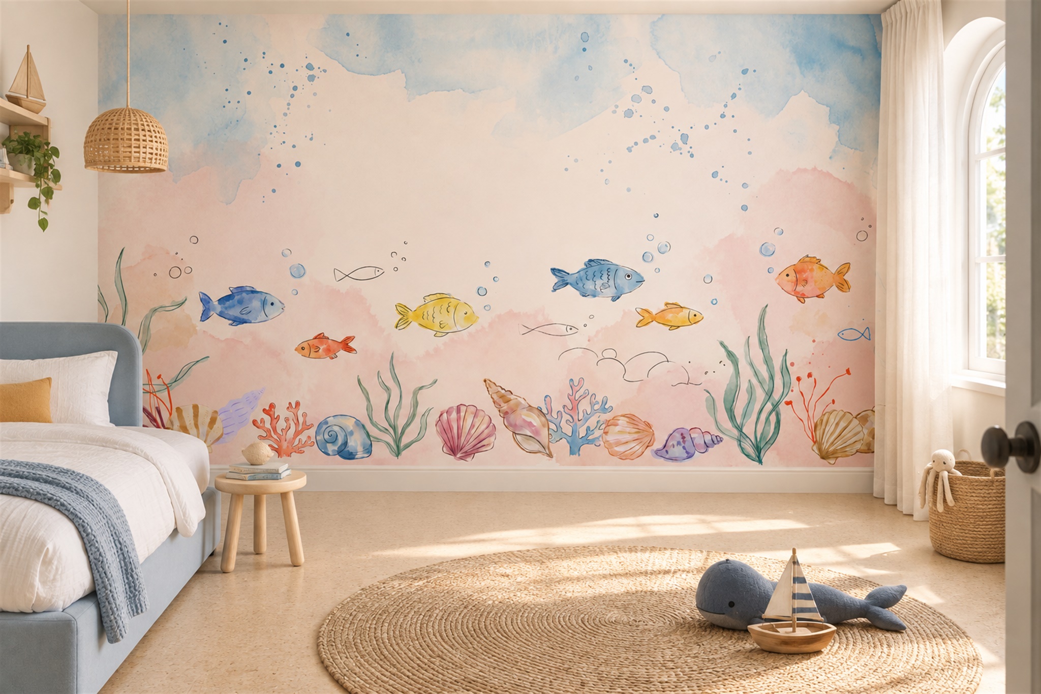 Pink Fish Illustrated Wallpaper Mural, Peel-and-stick Finish