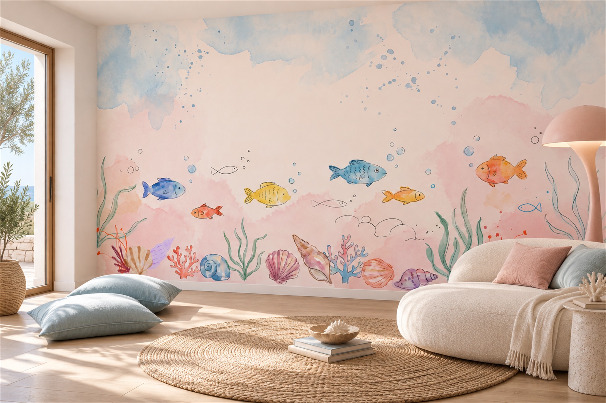 Pink Fish Illustrated Wallpaper Mural Home-office-wallpaper-murals, Peel-and-stick Finish