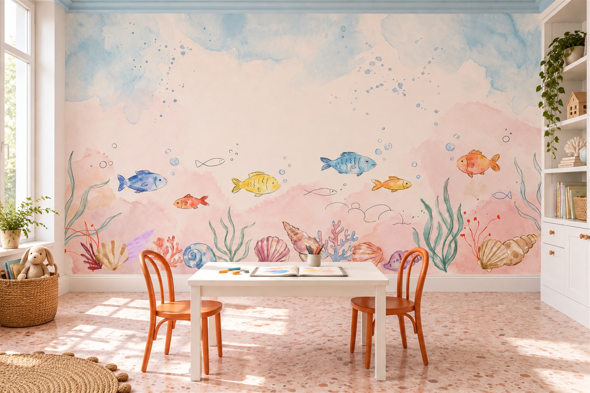 Pink Fish Illustrated Wallpaper Mural Home-office-wallpaper-murals, Peel-and-stick Finish
