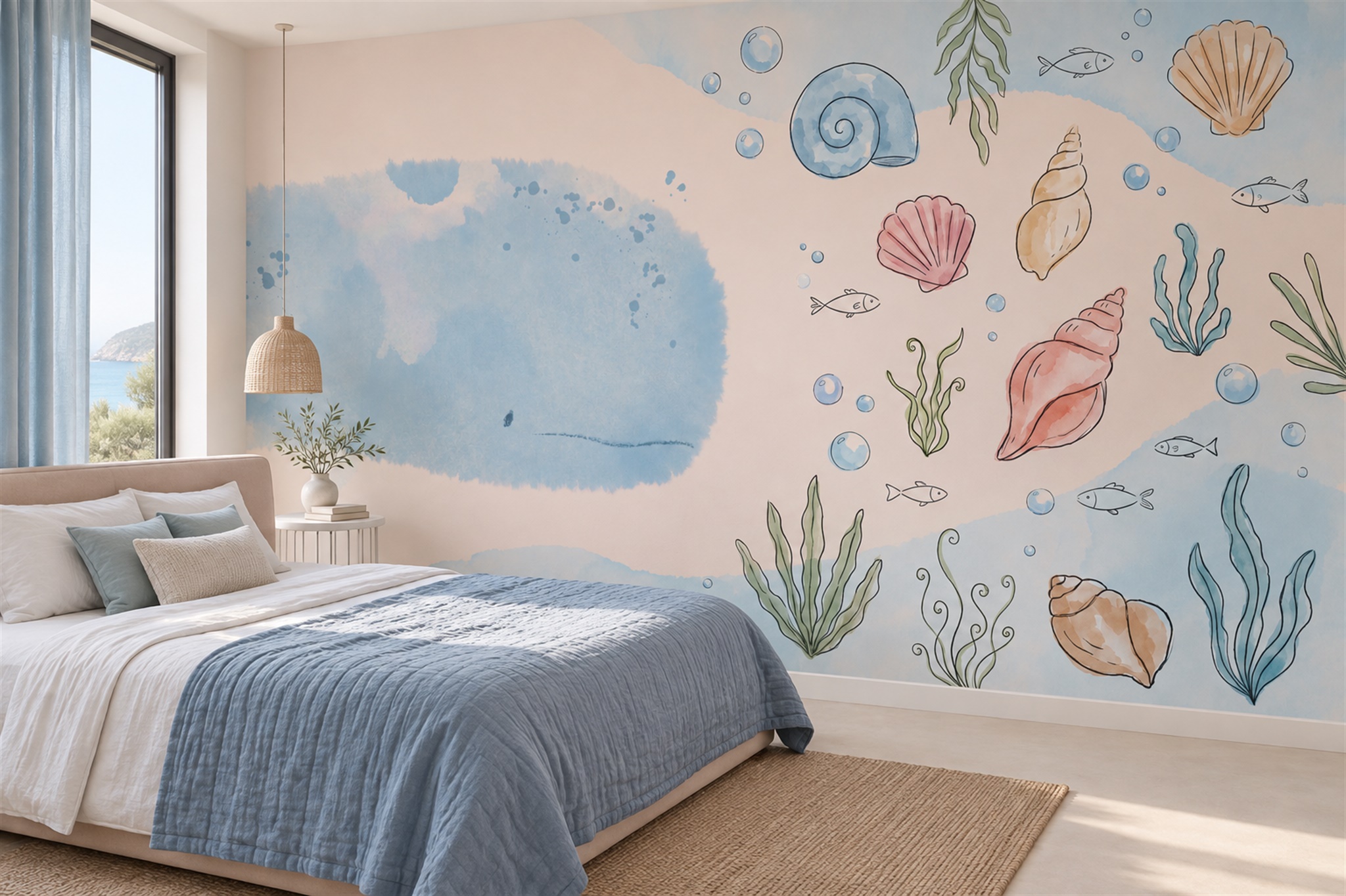 Blue Pattern Decorative Wallpaper Mural Layered Quiet Wallpaper Mural Bedroom-wallpaper-murals, Peel-and-stick Finish
