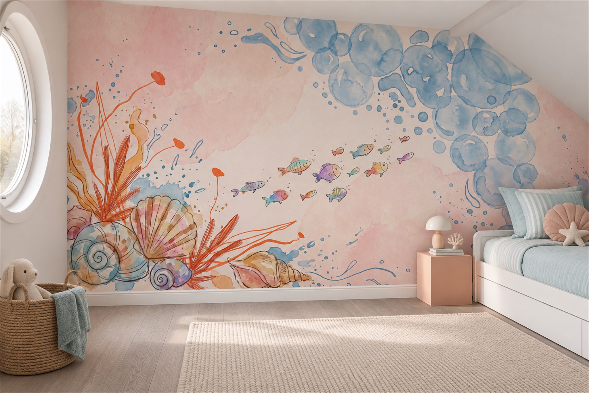 Peach Ocean Scenic Wallpaper Mural Kids-room-wallpaper-murals, Peel-and-stick Finish
