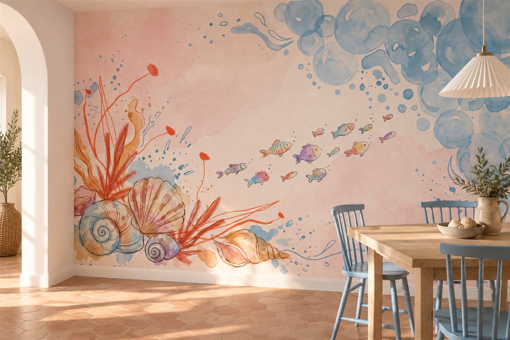 Peach Ocean Scenic Wallpaper Mural Accent-wall-wallpaper-murals, Peel-and-stick Finish