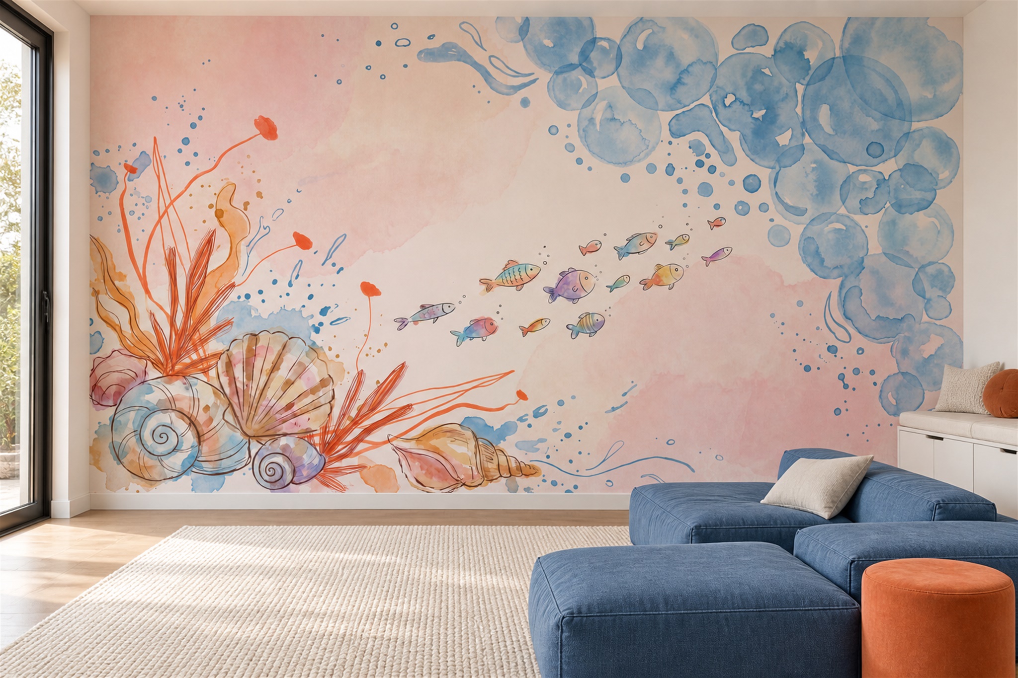 Peach Seashell And Coral Reef Wallpaper Mural — Wallpaper Mural Design, Peel-and-stick Finish