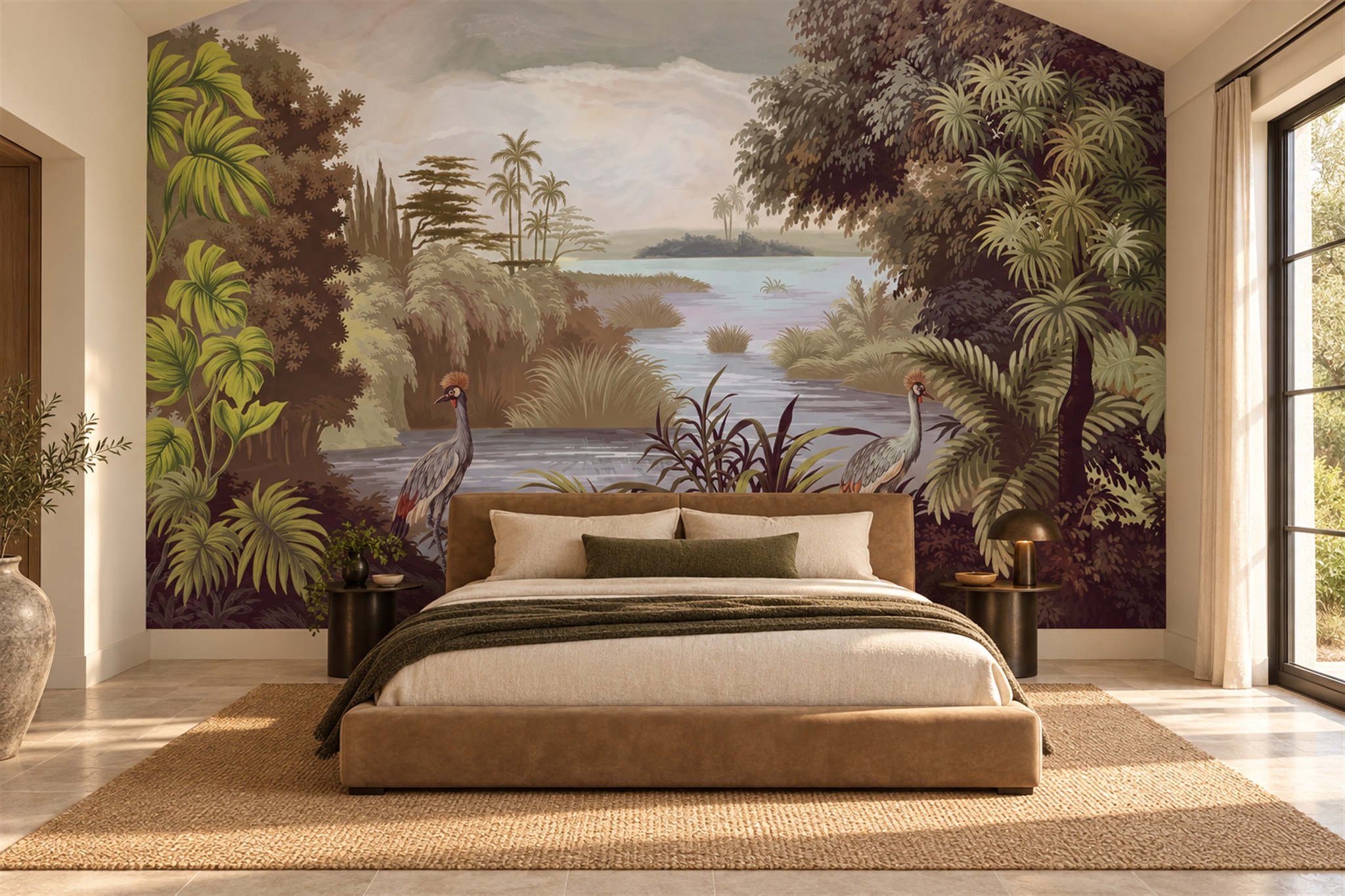 Olive Wetland Landscape With Two Herons Wallpaper Mural — Installed Wallpaper Mural In A Bedroom, Peel-and-stick Finish