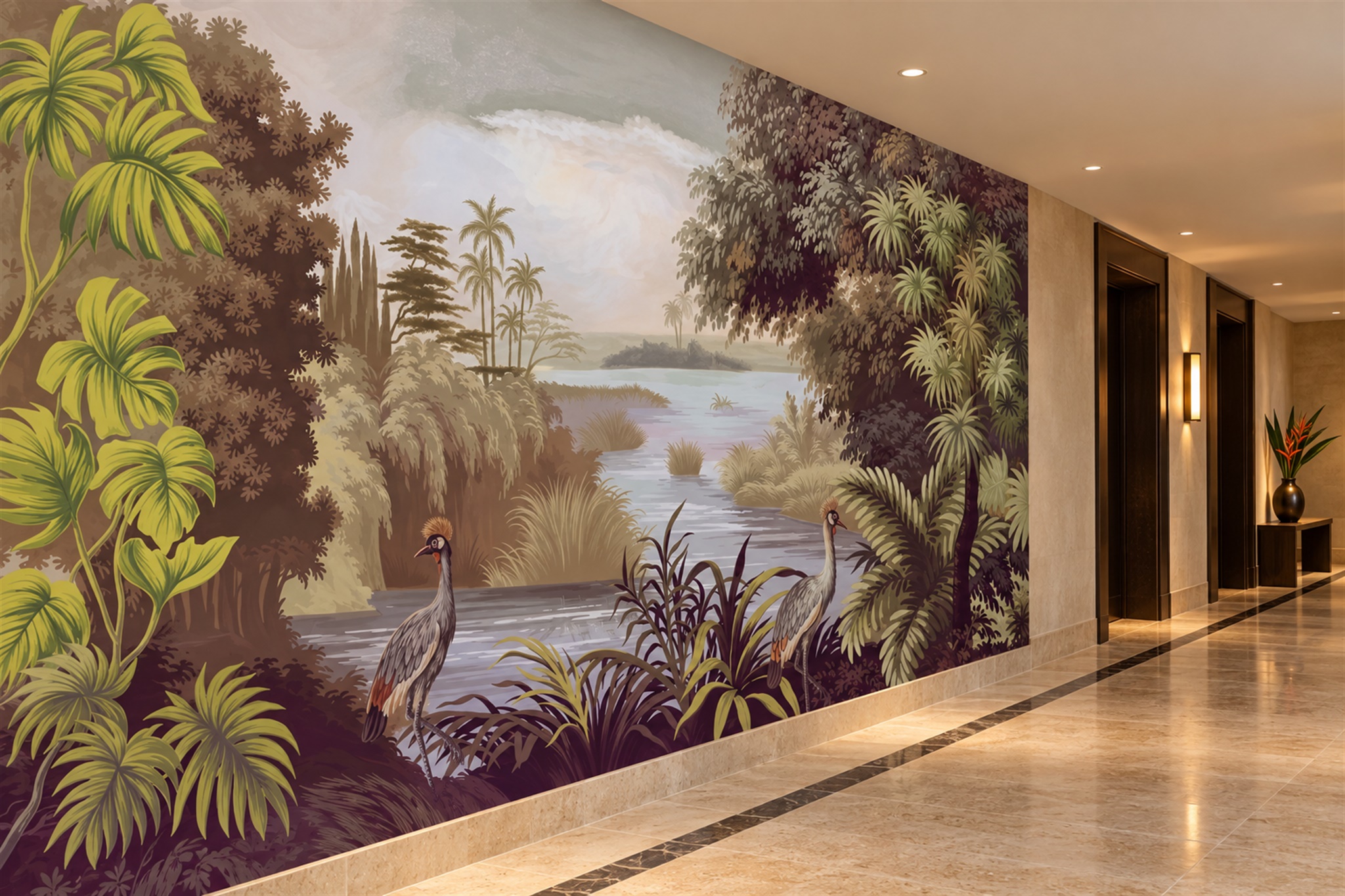 Olive Heron Illustrated Wallpaper Mural Hallway-wallpaper-murals, Peel-and-stick Finish