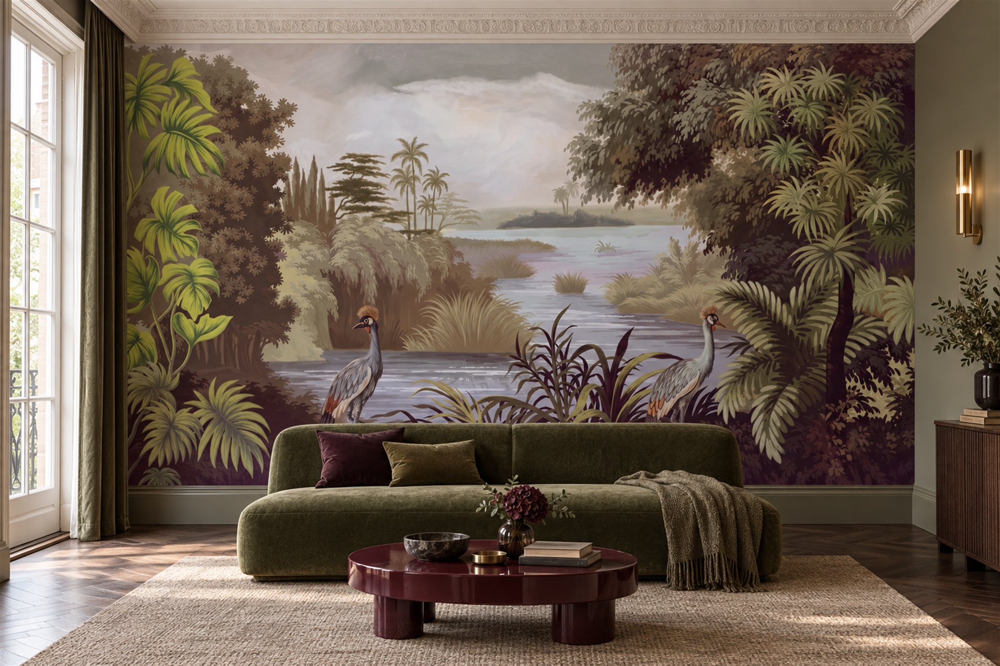 Olive Heron Illustrated Wallpaper Mural Accent-wall-wallpaper-murals, Peel-and-stick Finish