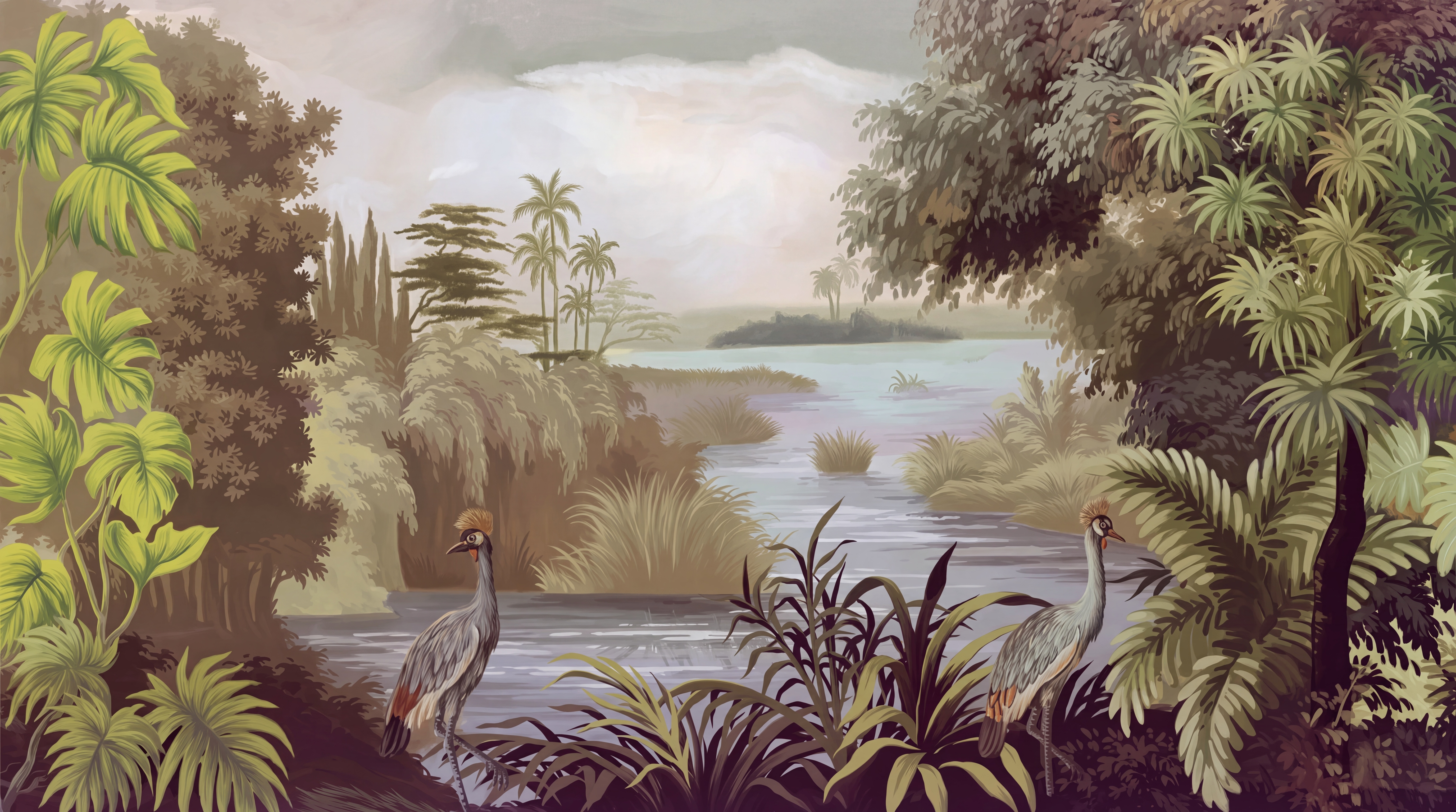 Olive Heron Illustrated Wallpaper Mural, Peel-and-stick Finish