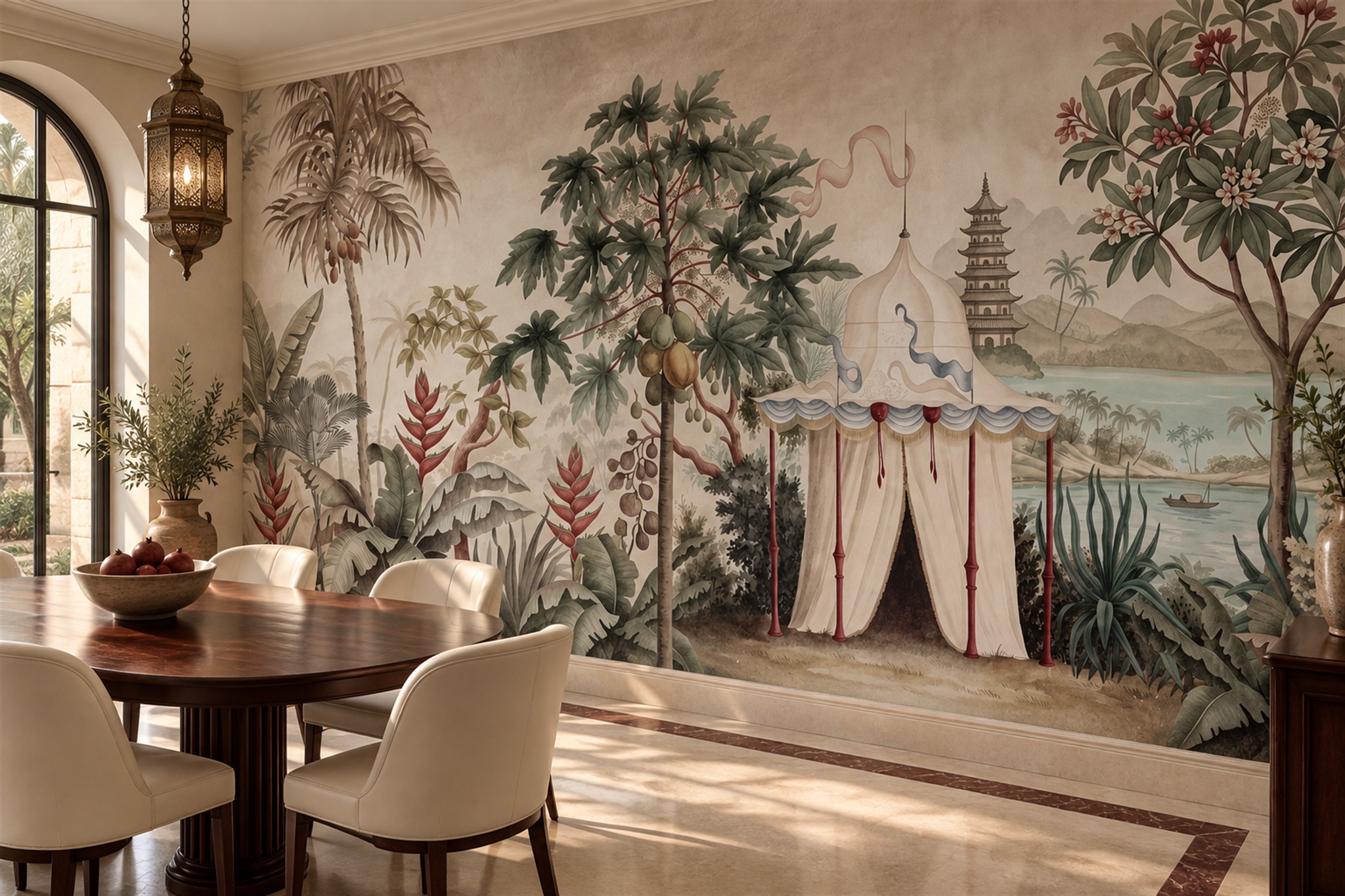 Blush Pattern Decorative Textured Wallpaper Mural Dining-room-wallpaper-murals, Shown In A Dining Room, Peel-and-stick Finish