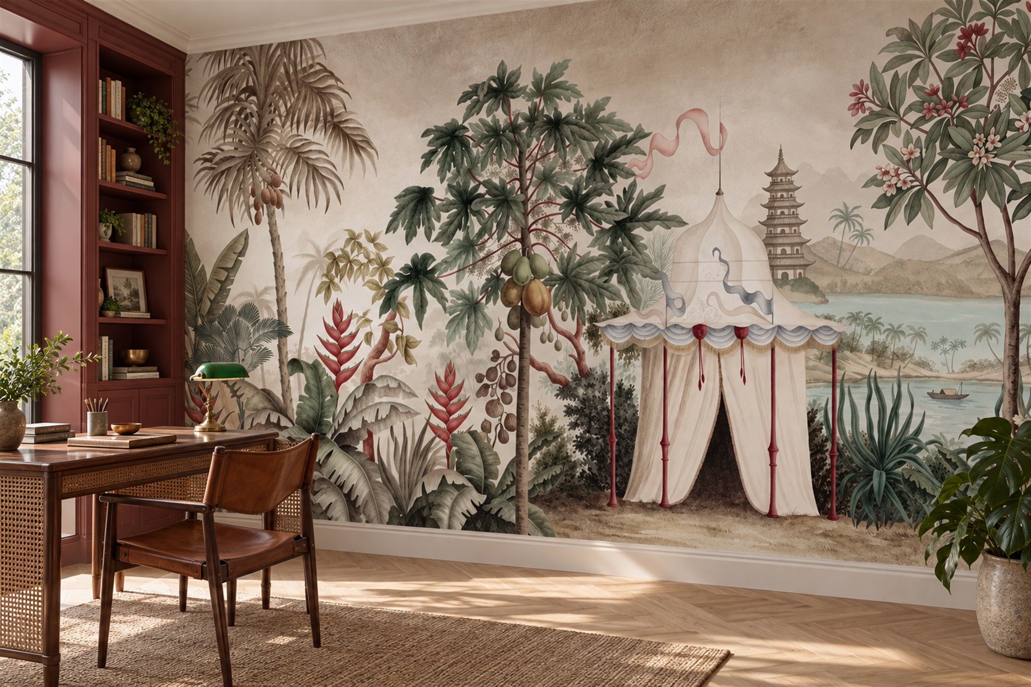 Tropical Lake Pavilion And Distant Pagoda Wallpaper Mural — Wallpaper Mural Design, Peel-and-stick Finish