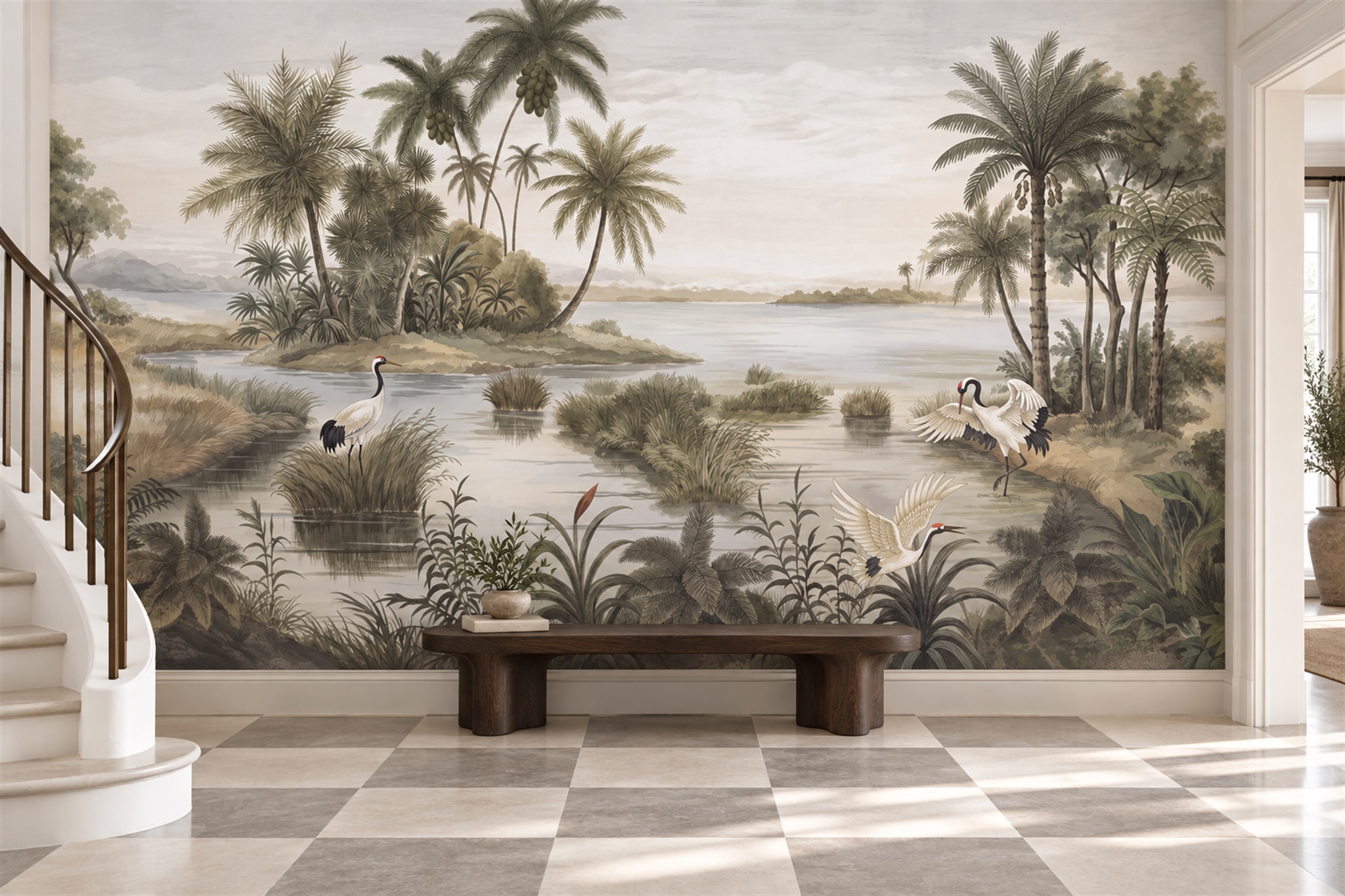 Sage Pattern Decorative Wallpaper Mural Layered Marks Wallpaper Mural Entryway-wallpaper-murals, Peel-and-stick Finish