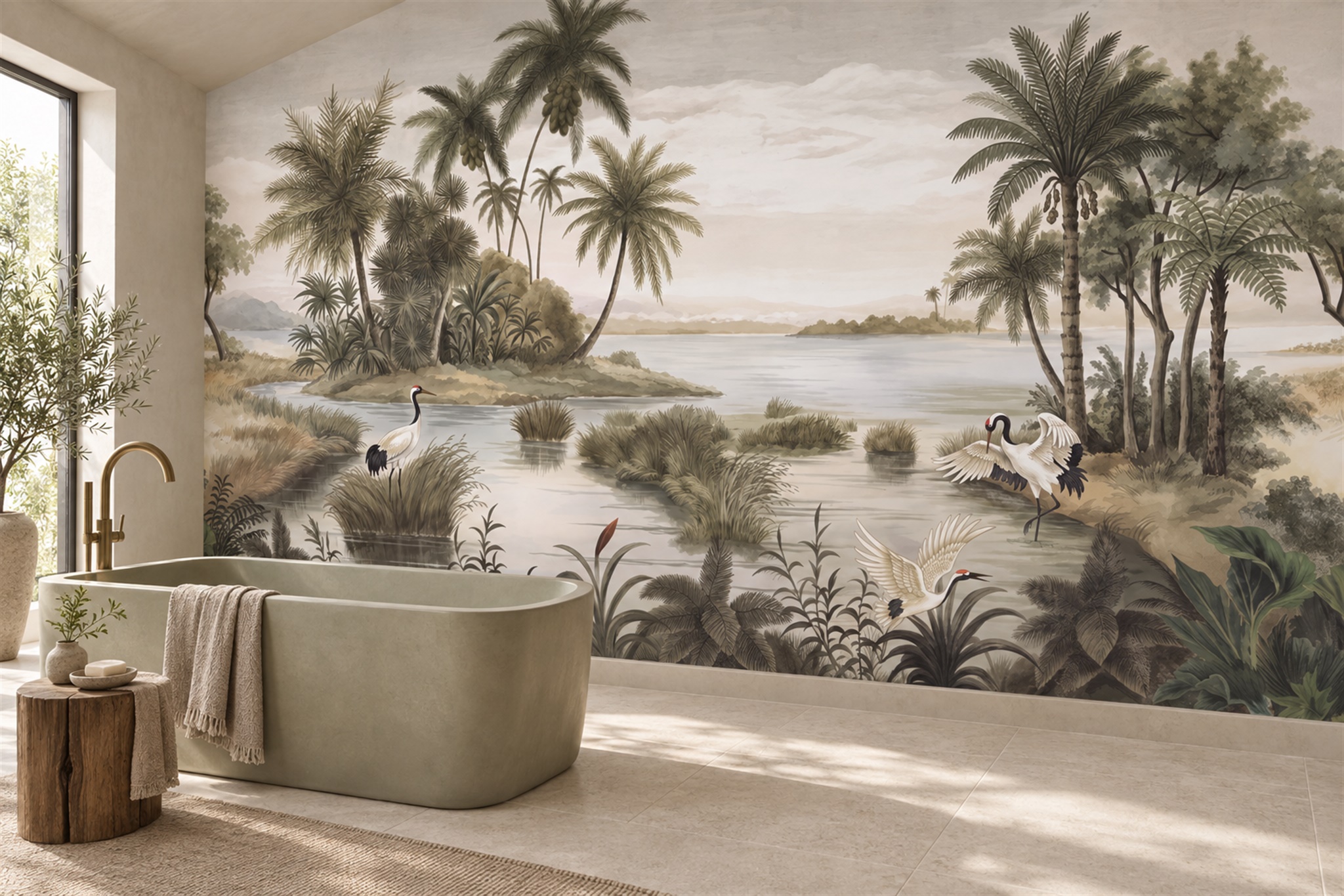 Sage Pattern Decorative Wallpaper Mural Layered Marks Wallpaper Mural Bathroom-wallpaper-murals, Peel-and-stick Finish