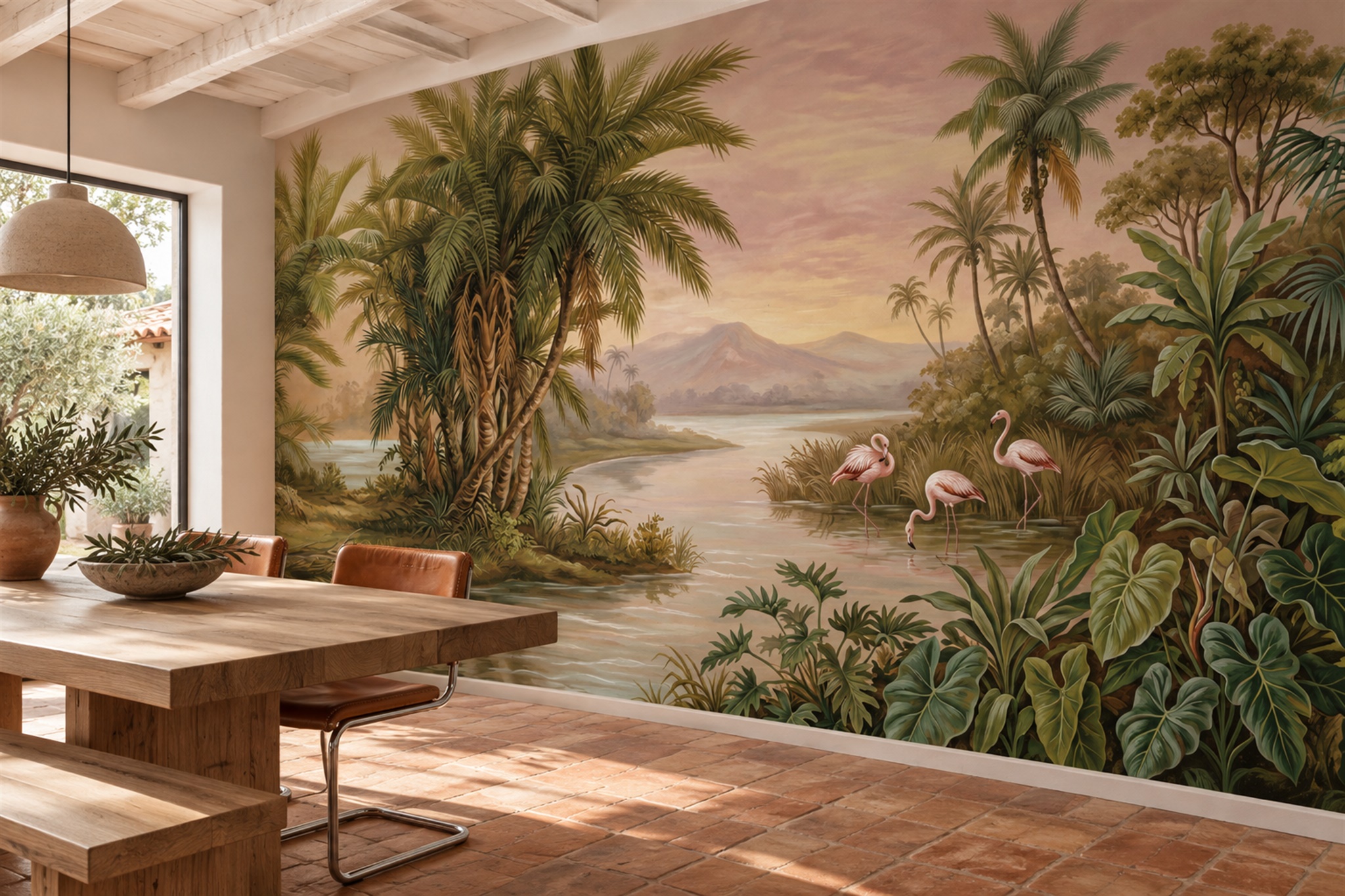 Flamingos In A Palm-lined Sunset Lagoon Wallpaper Mural — Wallpaper Mural Design, Peel-and-stick Finish