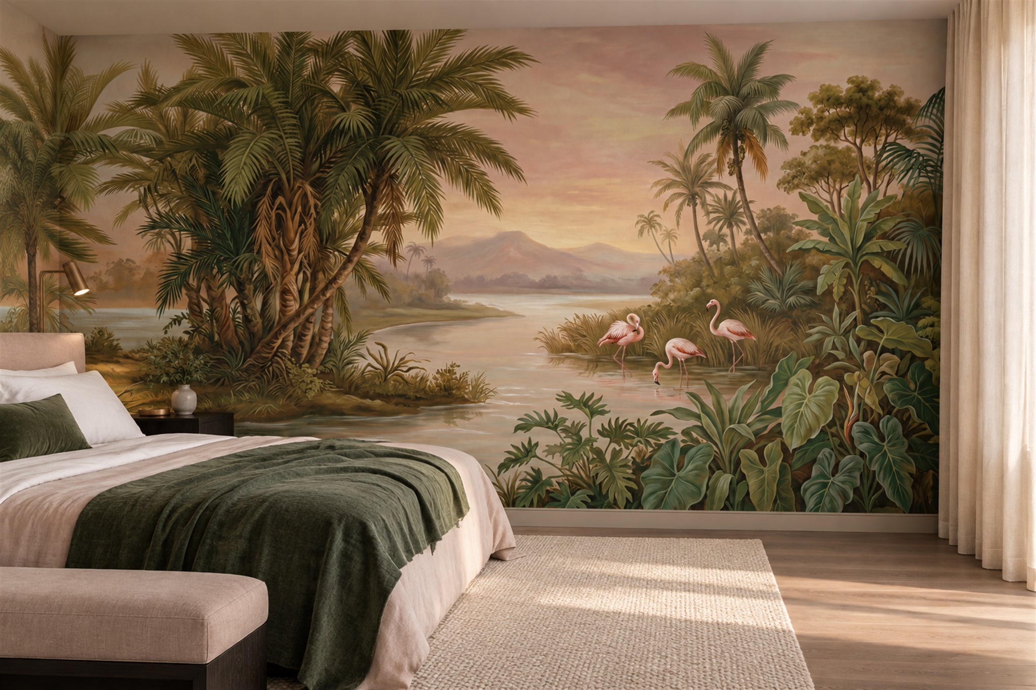 Gold Flamingo Wallpaper Mural, Shown In A Bedroom, Peel-and-stick Finish