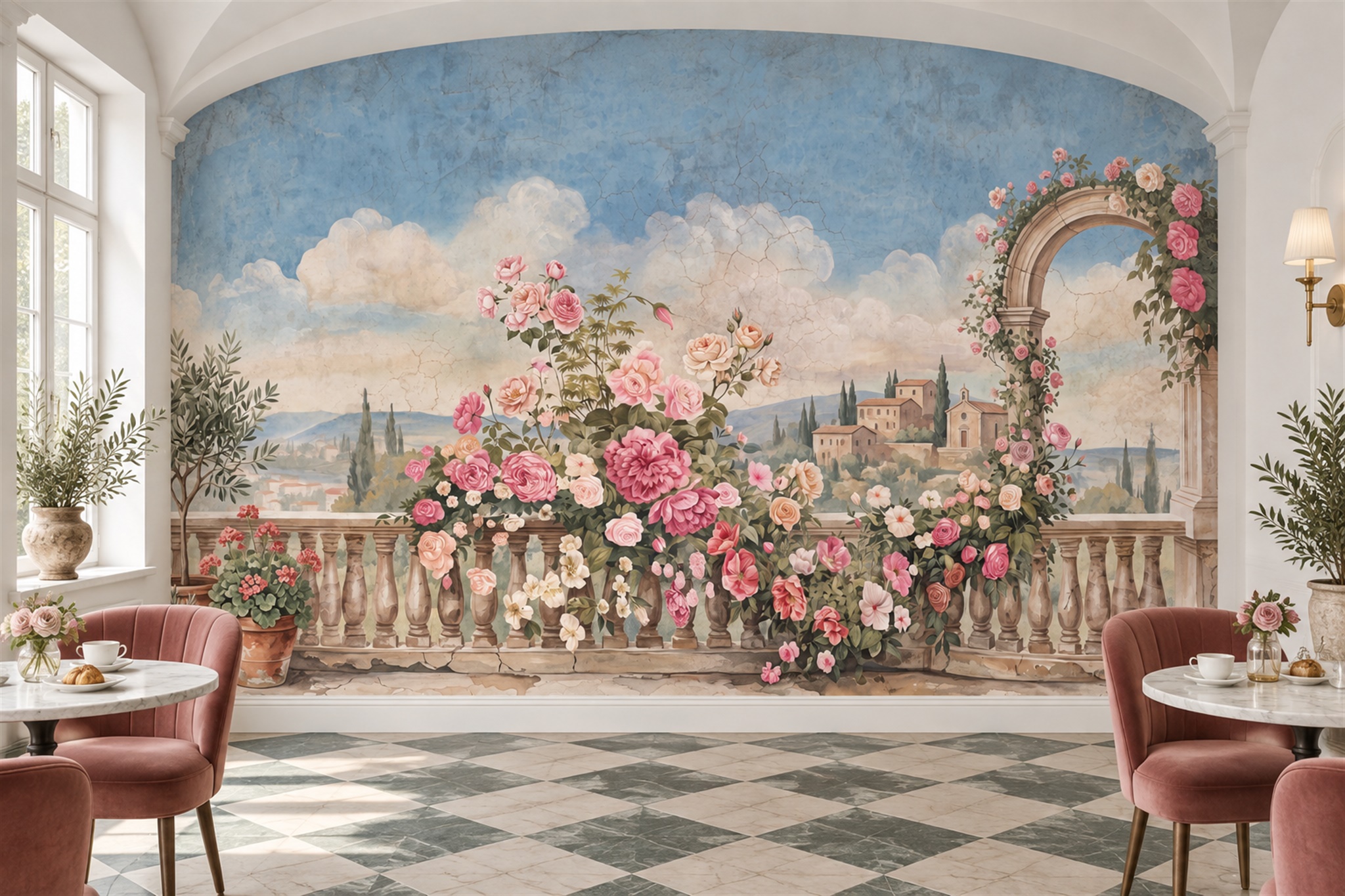 Pink Rose Garden And Hilltop Town Scenic Wallpaper Mural — Wallpaper Mural Design, Peel-and-stick Finish