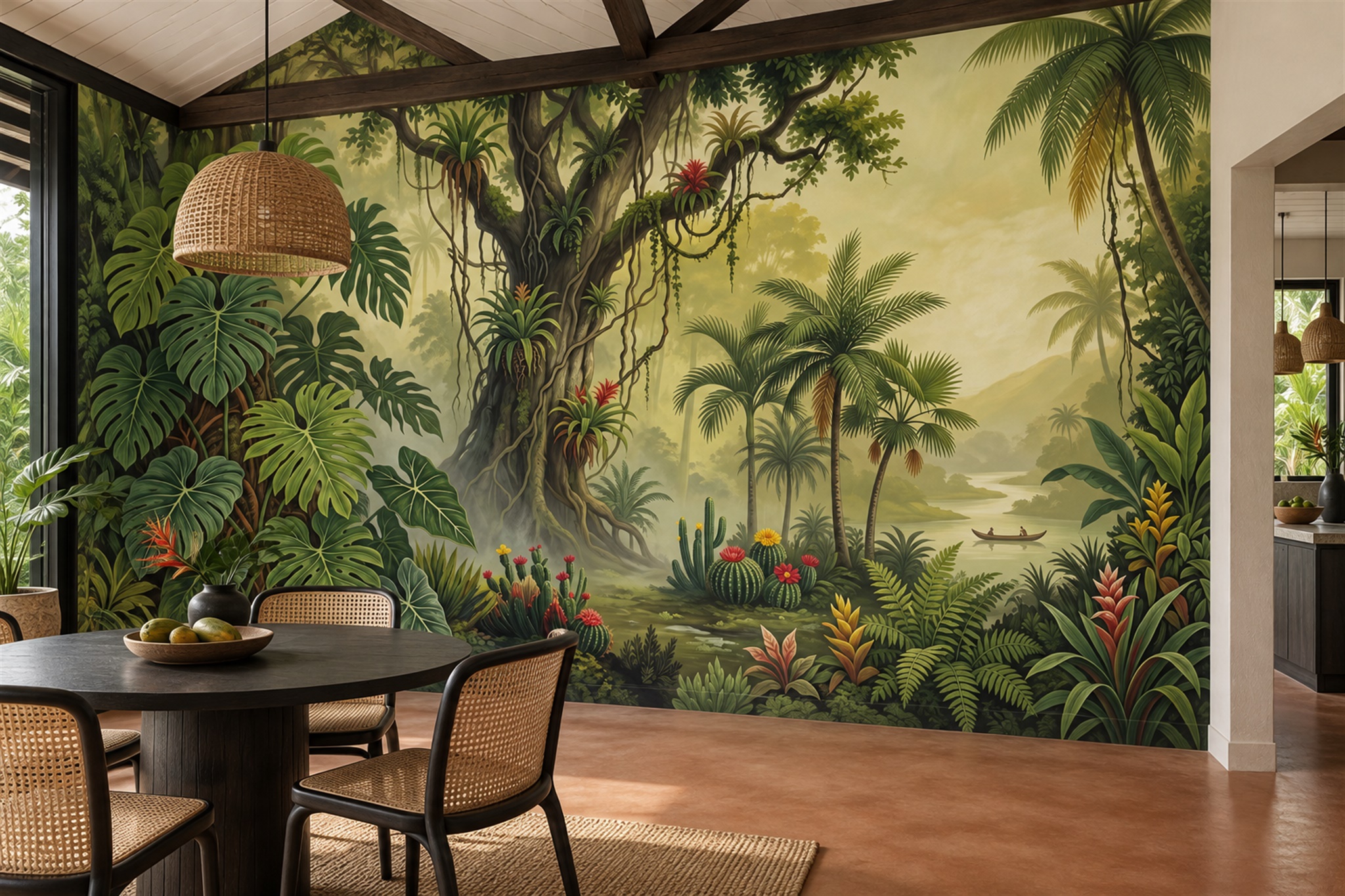 Neutral Jungle Scenic Wallpaper Mural Dining-room-wallpaper-murals, Shown In A Dining Room, Peel-and-stick Finish