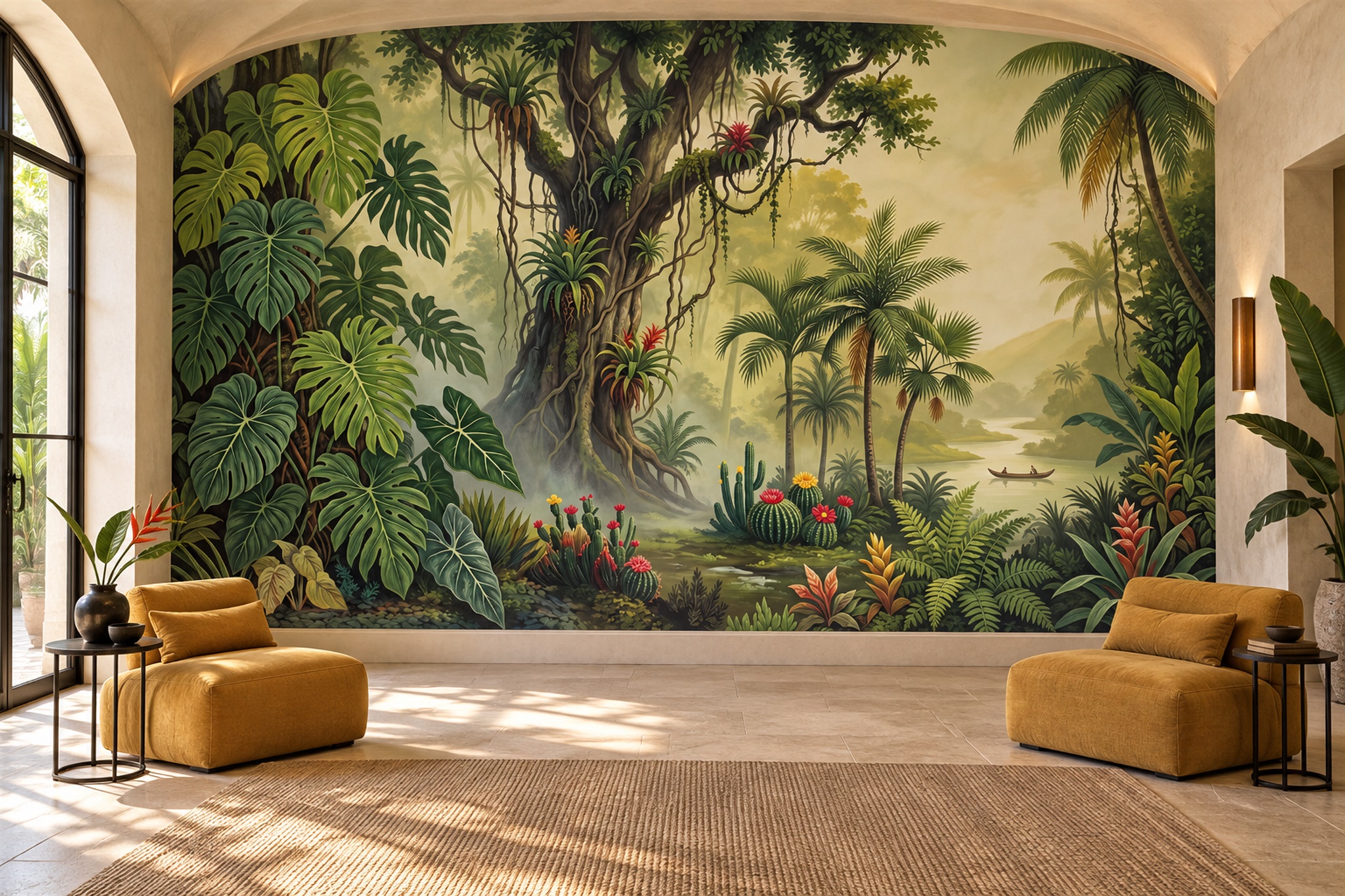 Lush Tropical Rainforest River And Canoe Wallpaper Mural — Wallpaper Mural Design, Peel-and-stick Finish