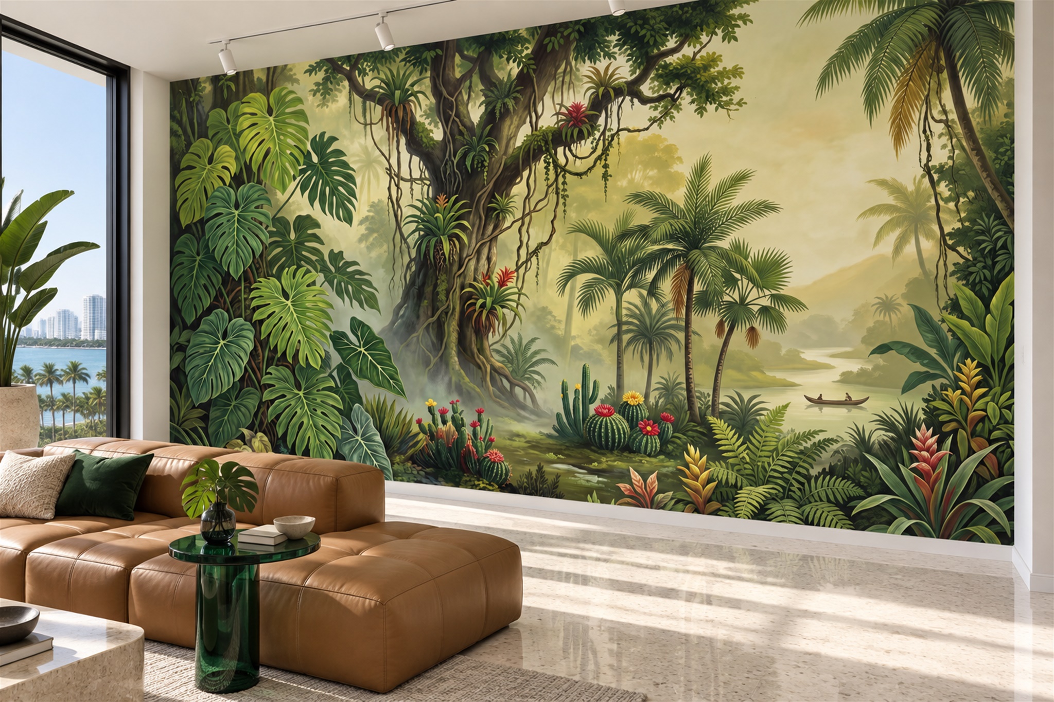 Neutral Jungle Scenic Wallpaper Mural Living-room-wallpaper-murals, Peel-and-stick Finish