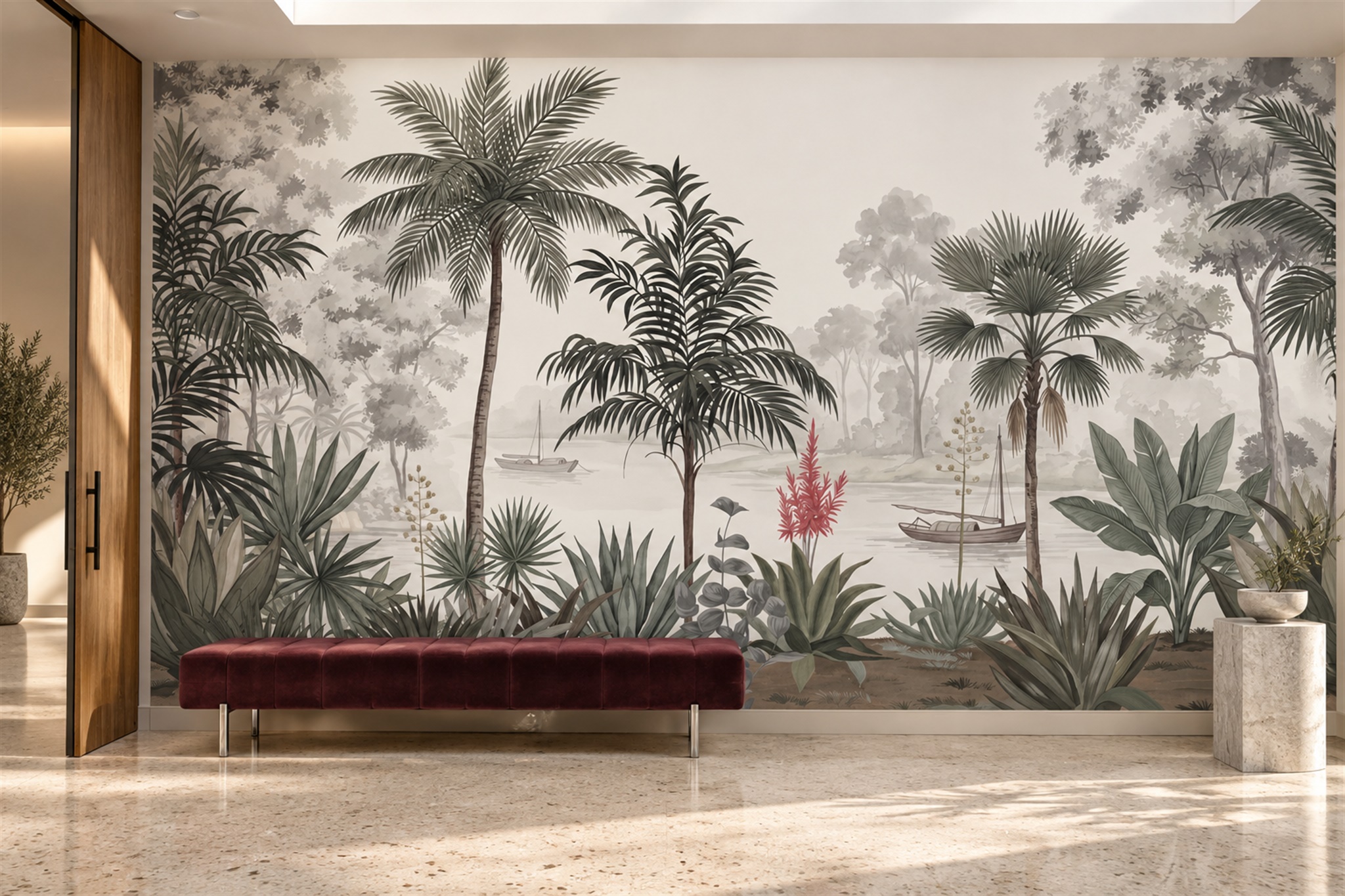 Grey Palm Artful Tropical Wallpaper Mural Entryway-wallpaper-murals, Peel-and-stick Finish