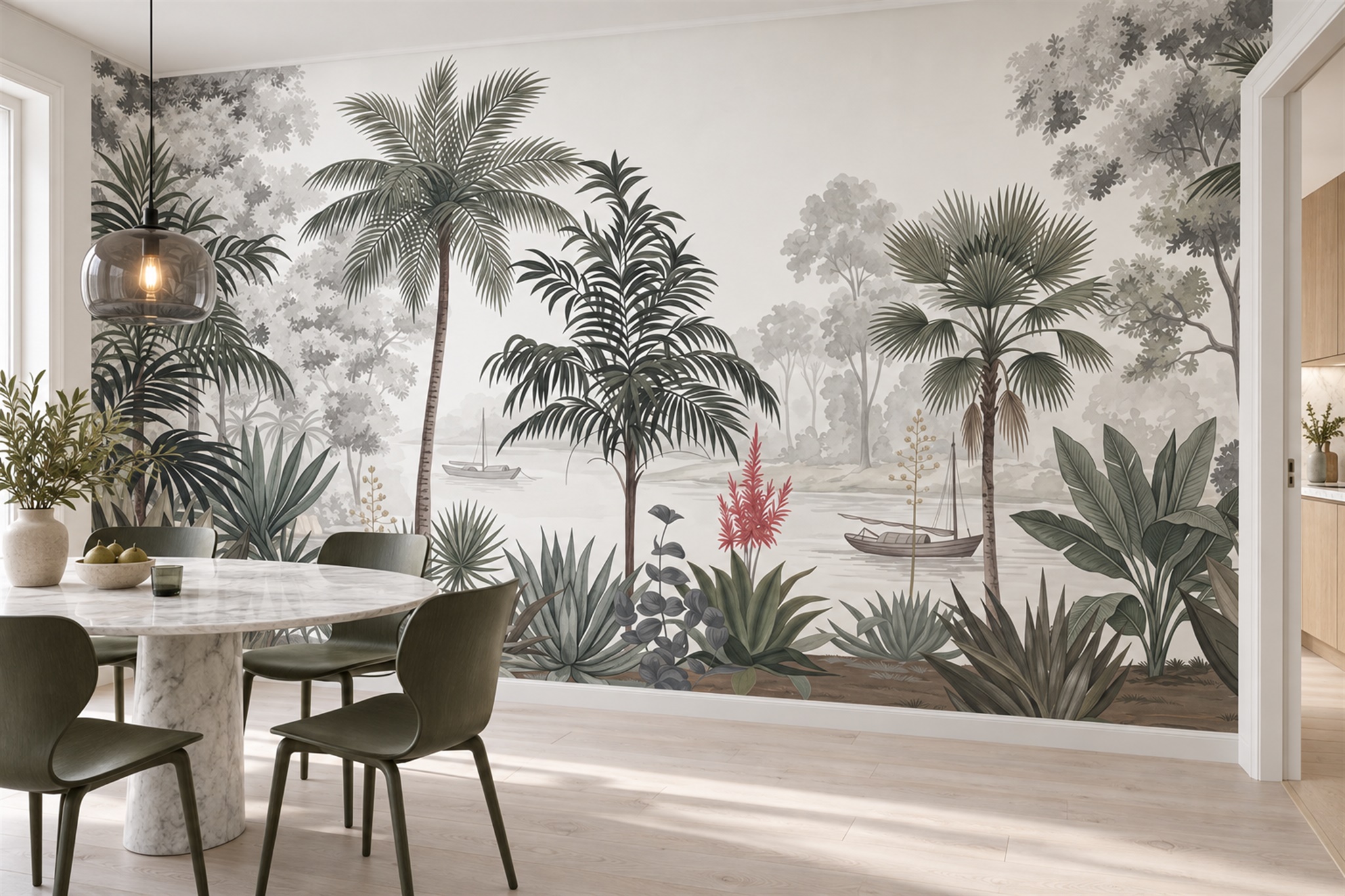 Grey Palm Artful Tropical Wallpaper Mural Dining-room-wallpaper-murals, Shown In A Dining Room, Peel-and-stick Finish