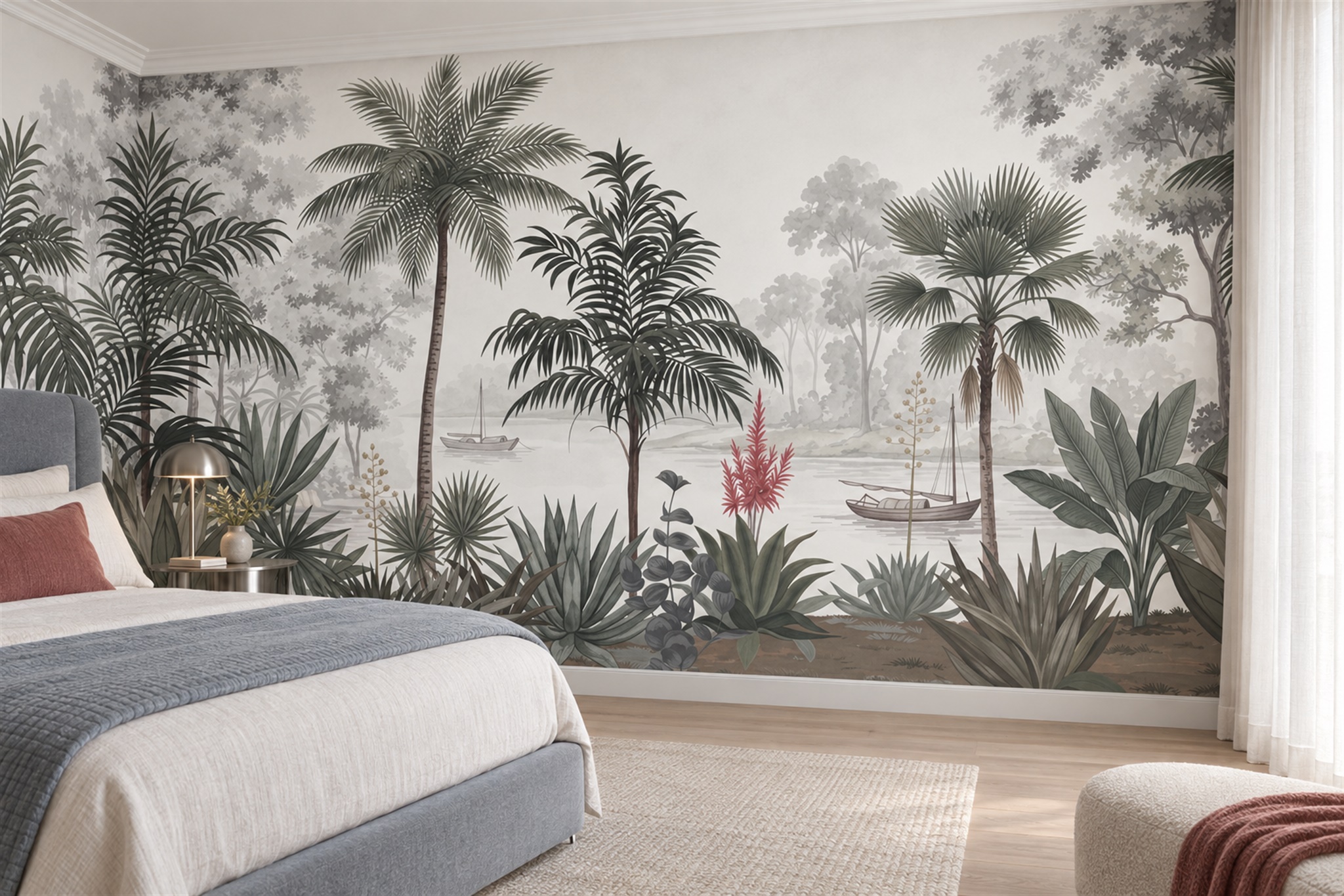 Grey Palm Artful Tropical Wallpaper Mural Bedroom-wallpaper-murals, Peel-and-stick Finish