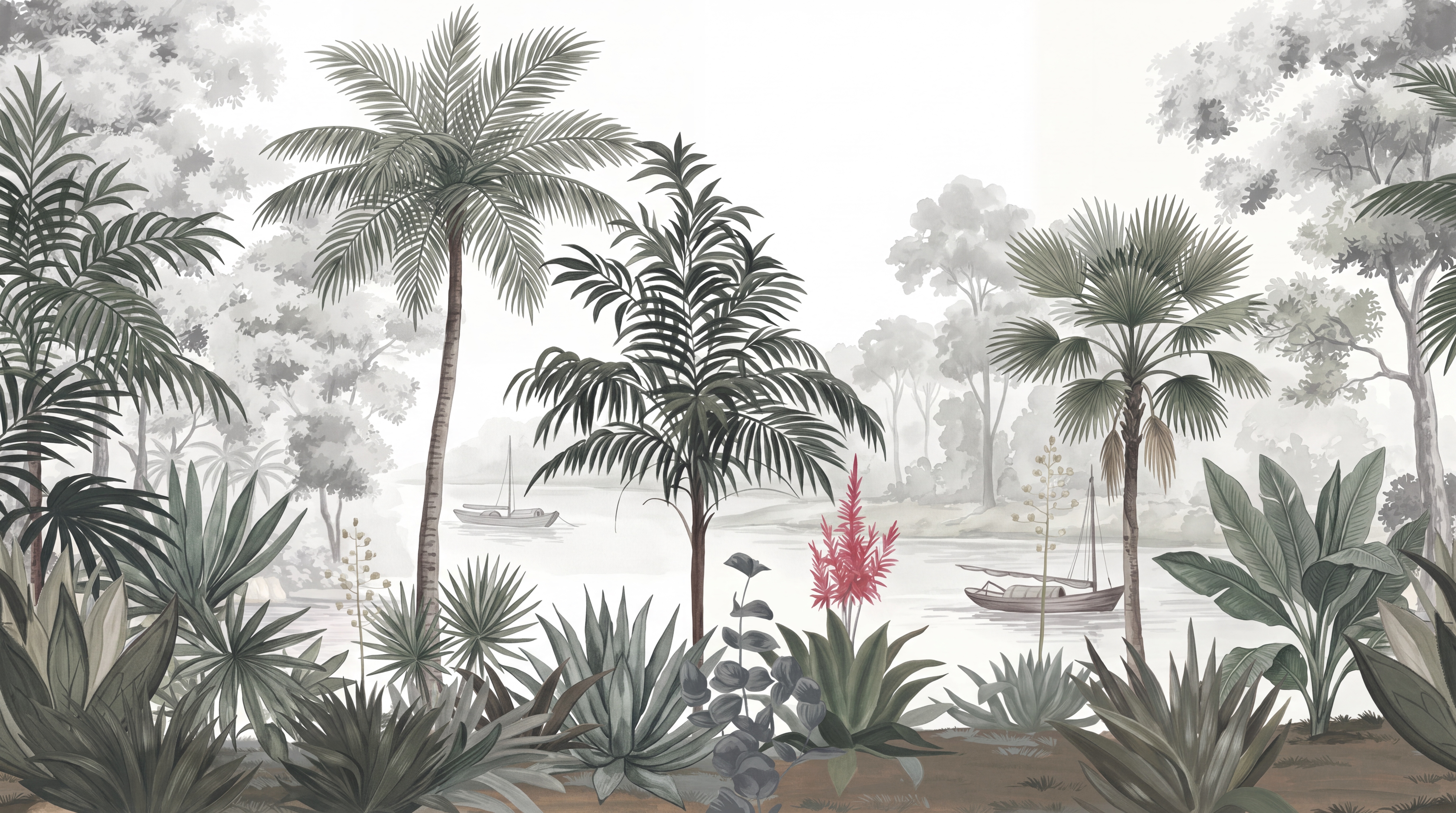 Grey Palm Artful Tropical Wallpaper Mural Bedroom-wallpaper-murals, Peel-and-stick Finish