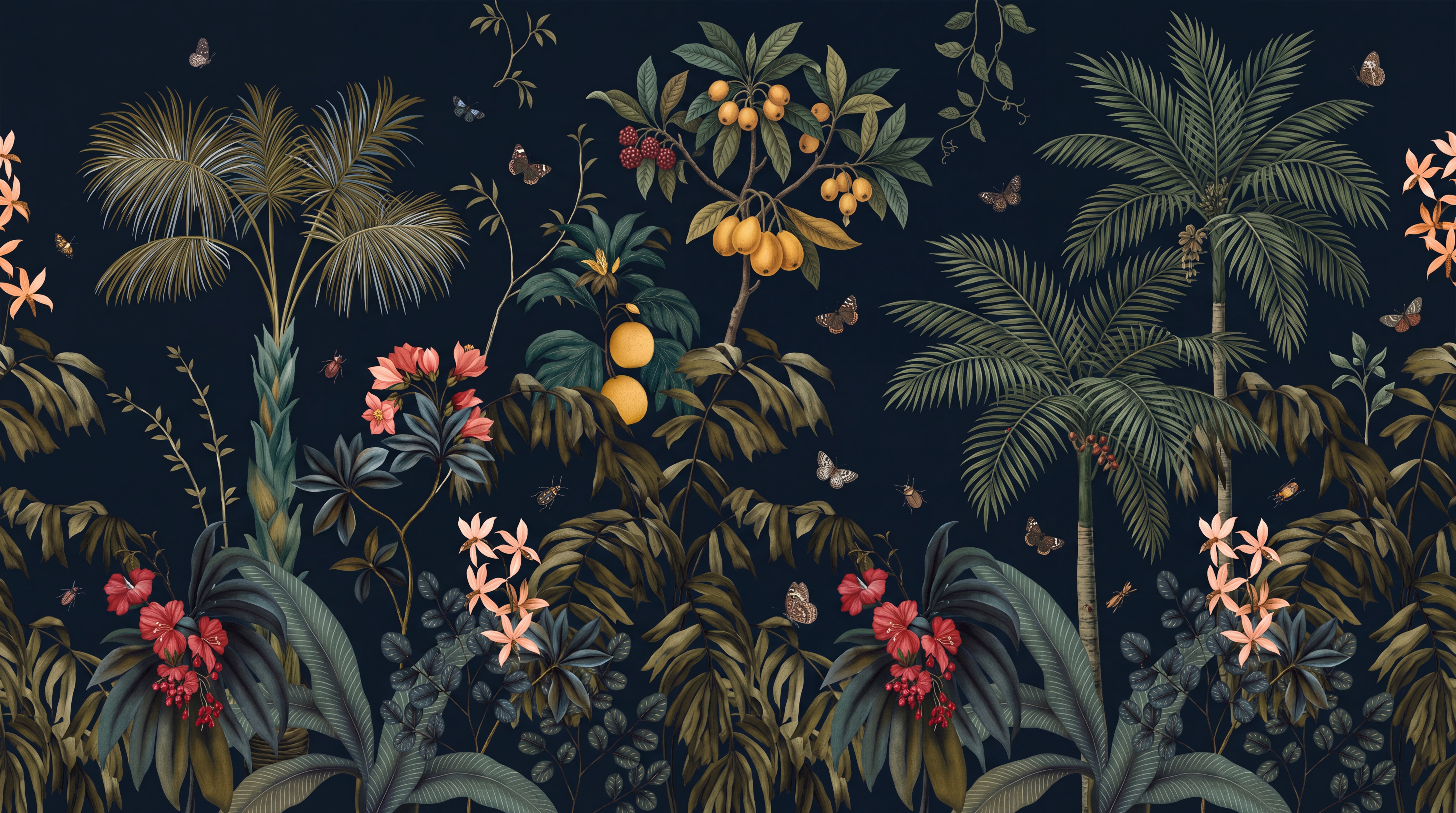 Navy Tropical Artful Wallpaper Mural, Peel-and-stick Finish
