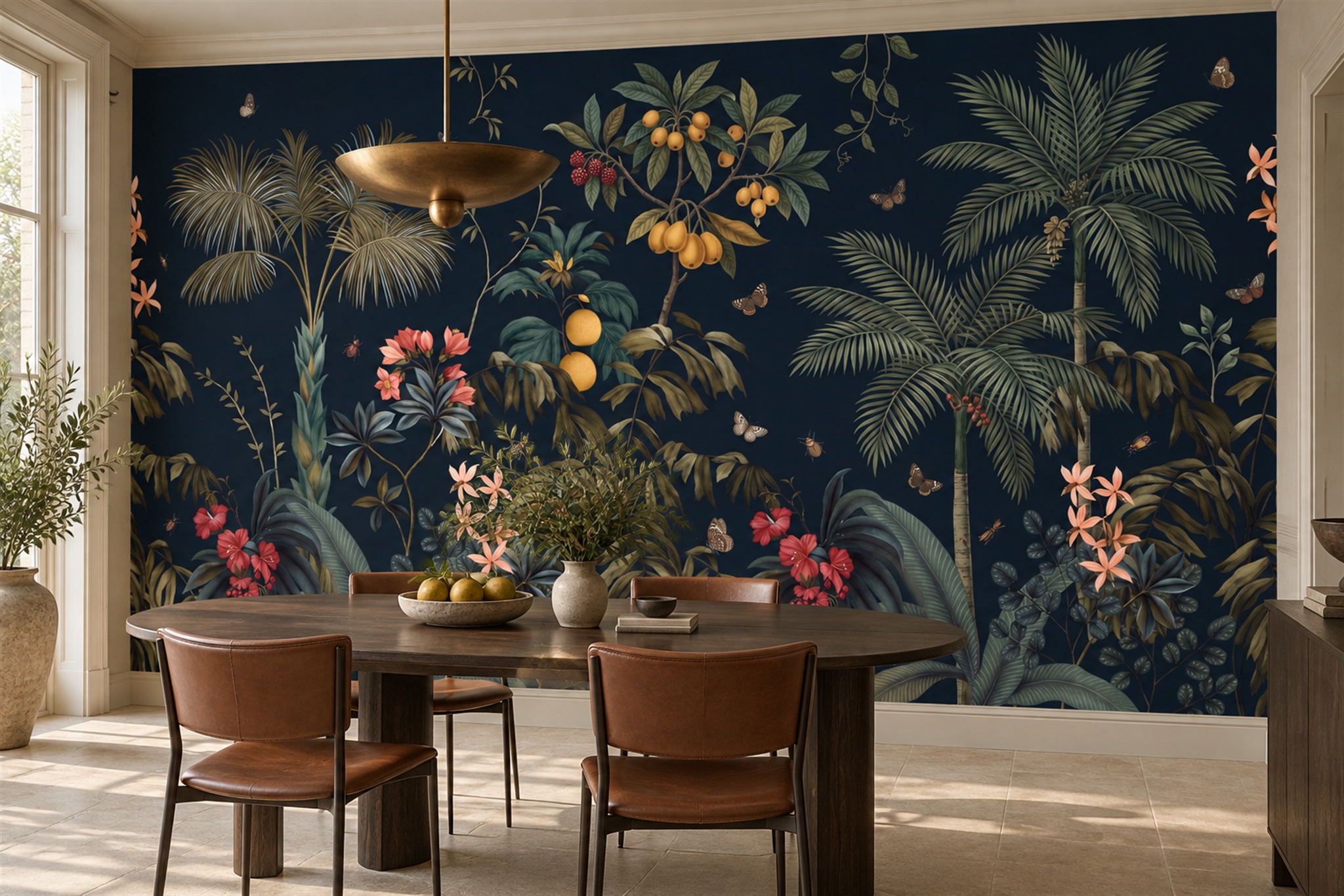 Navy Tropical Artful Wallpaper Mural Dining-room-wallpaper-murals, Shown In A Dining Room, Peel-and-stick Finish