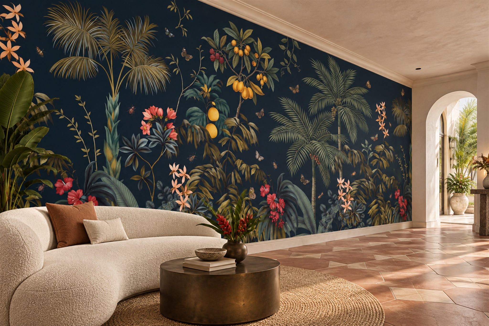 Navy Tropical Palms With Citrus, Flowers And Butterflies Wallpaper Mural — Wallpaper Mural Design, Peel-and-stick Finish