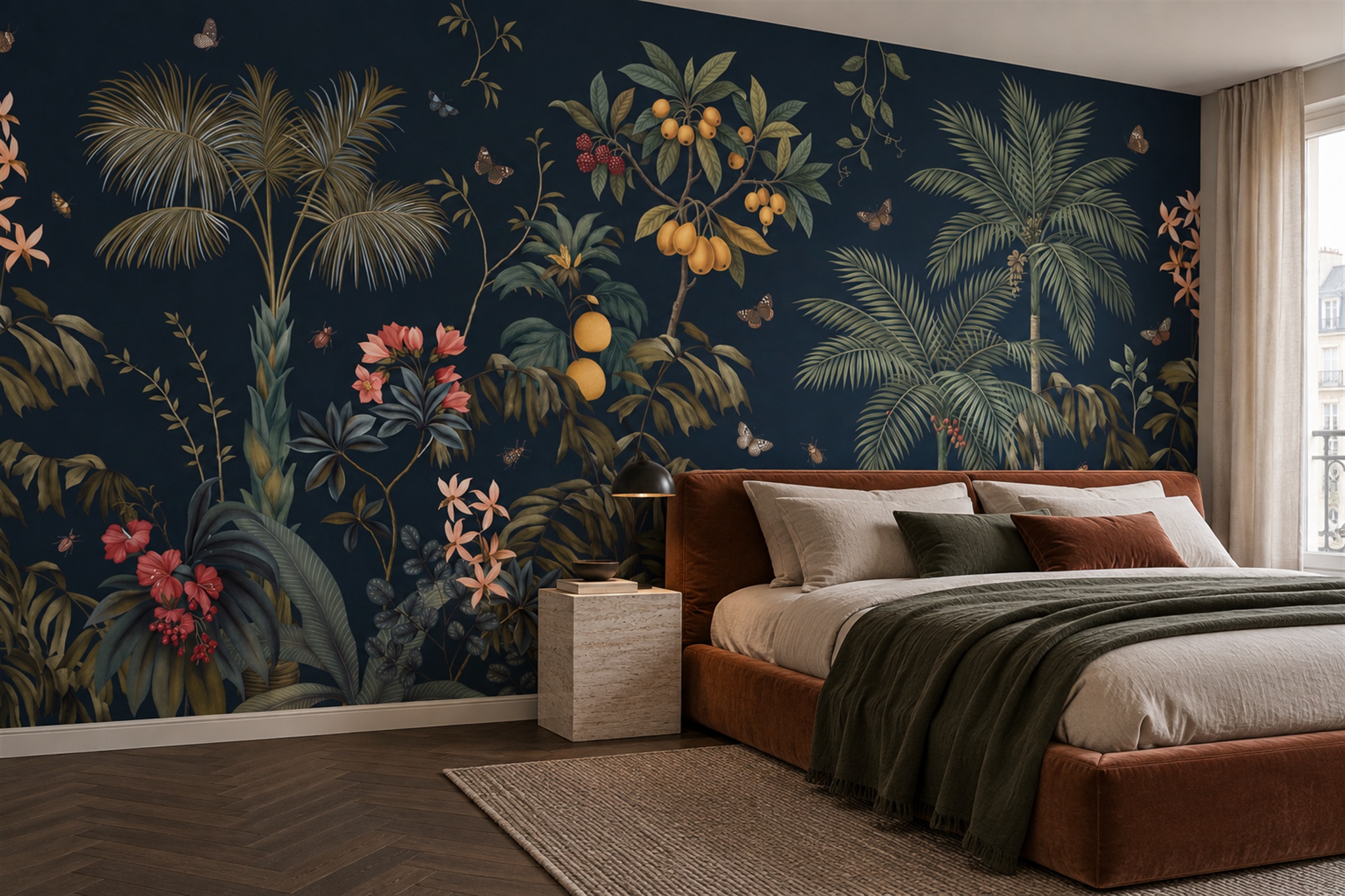 Navy Tropical Artful Wallpaper Mural Bedroom-wallpaper-murals, Peel-and-stick Finish