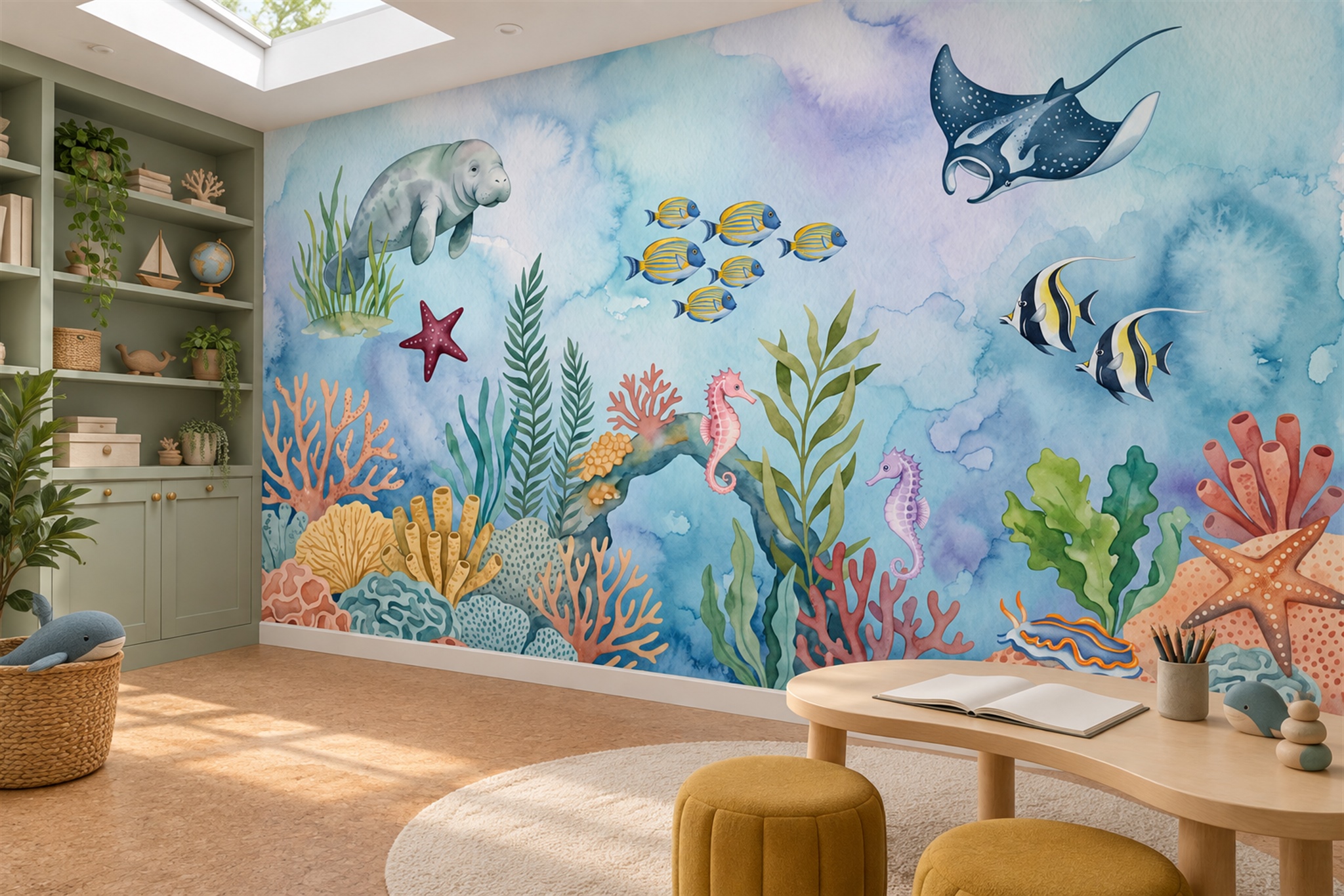 Blue Ocean Scenic Wallpaper Mural Home-office-wallpaper-murals, Shown In A Home Office, Peel-and-stick Finish