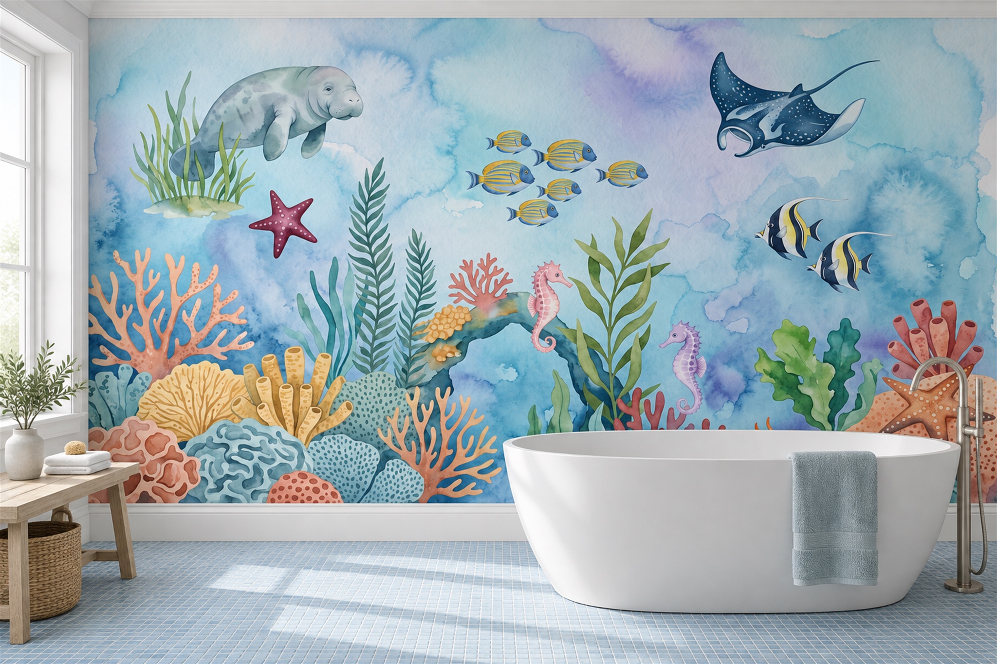 Blue Ocean Scenic Wallpaper Mural Feature-wall-wallpaper-murals, Peel-and-stick Finish