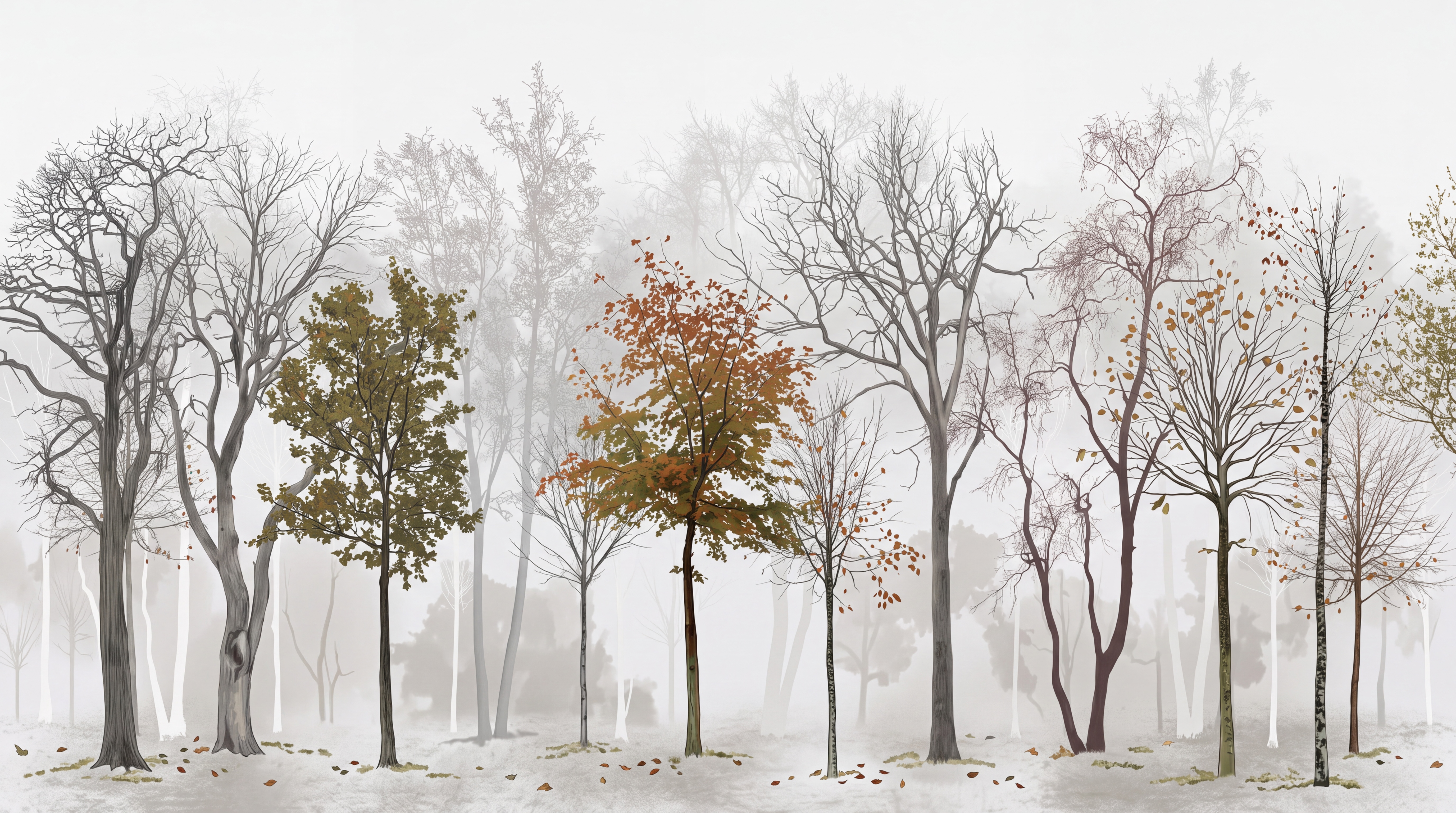Grey Trees Scenic Painterly Wallpaper Mural, Peel-and-stick Finish