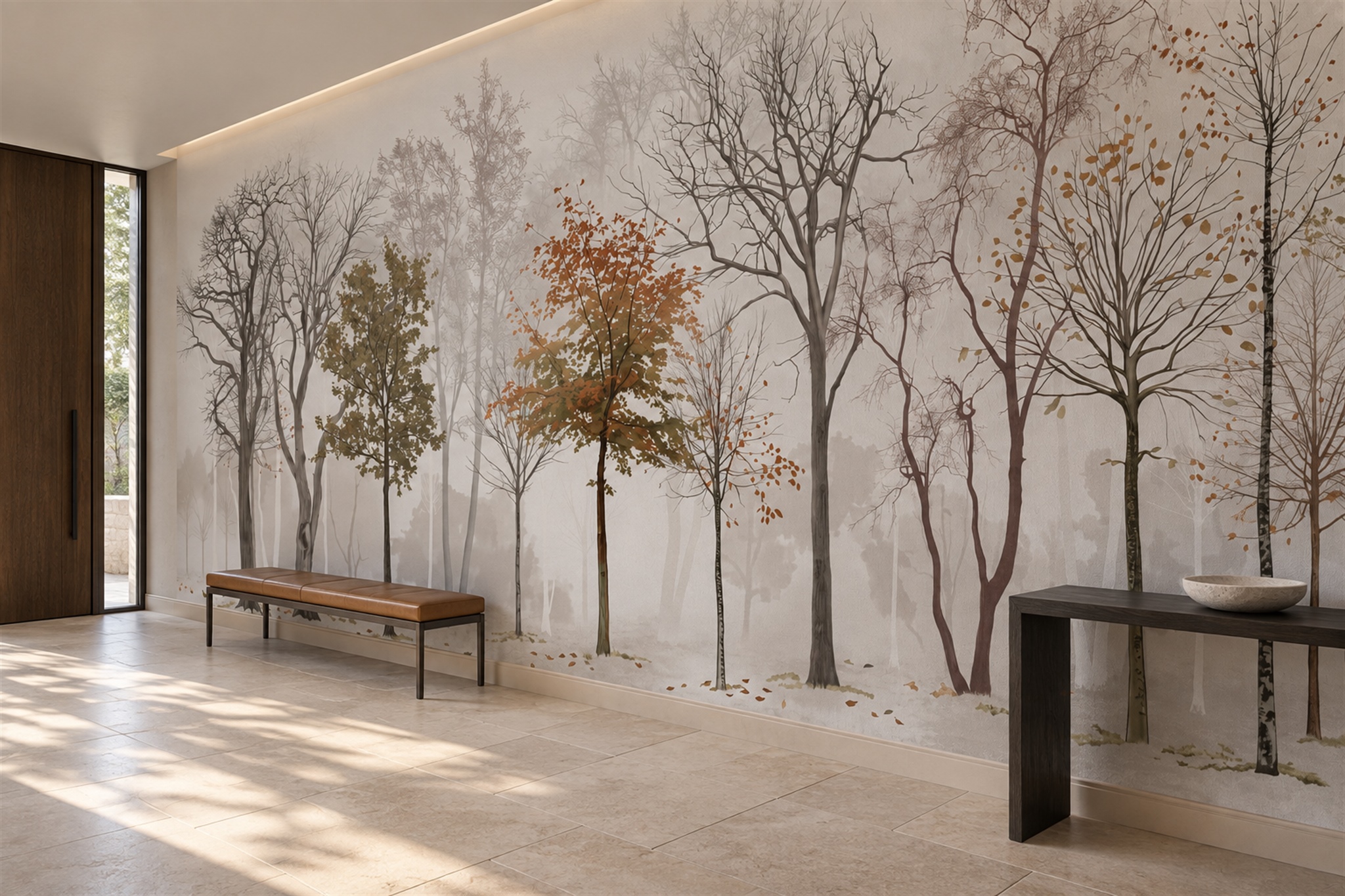 Grey Trees Scenic Painterly Wallpaper Mural Entryway-wallpaper-murals, Peel-and-stick Finish