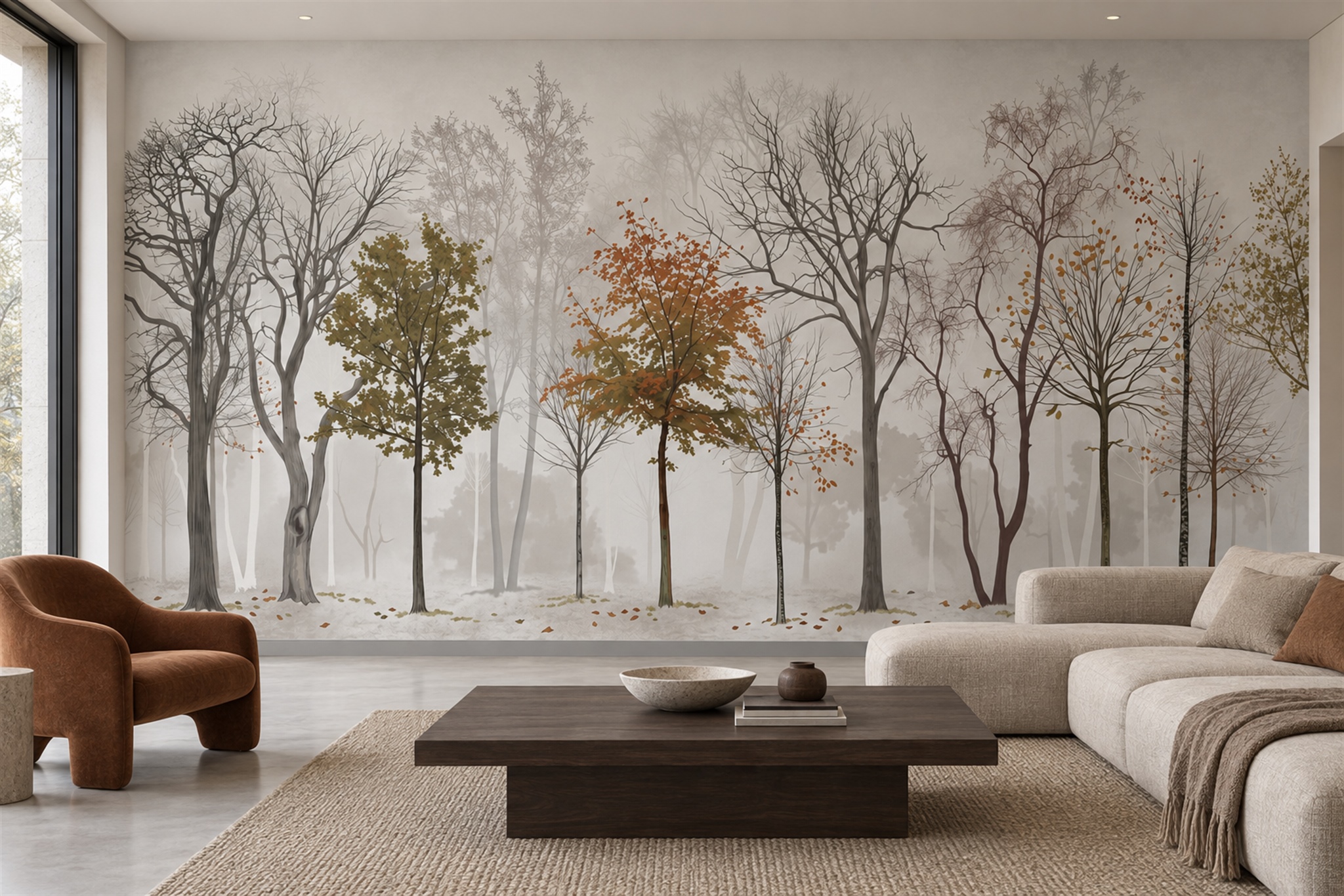 Grey Trees Scenic Painterly Wallpaper Mural Living-room-wallpaper-murals, Shown In A Living Room, Peel-and-stick Finish