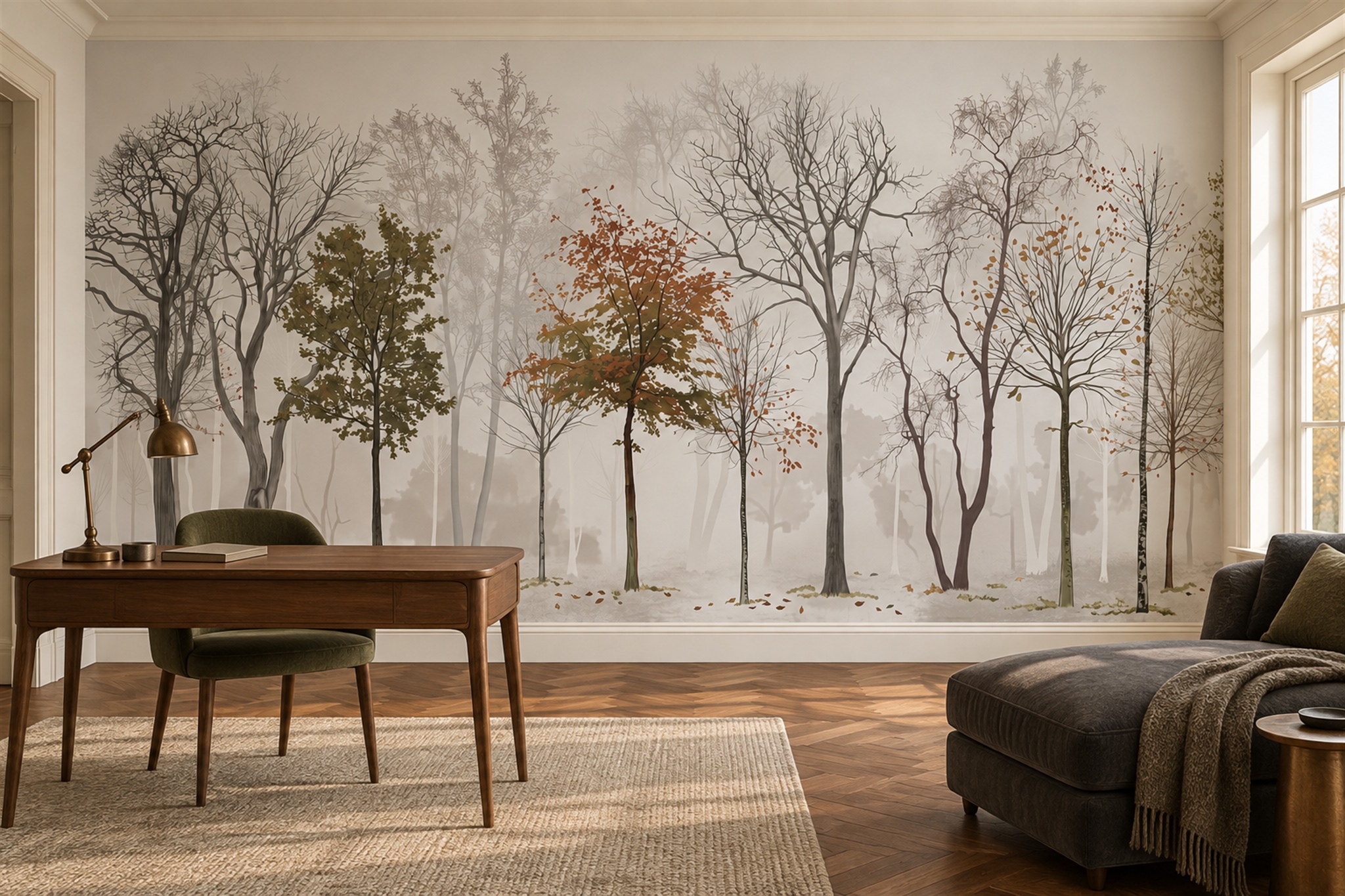 Misty Deciduous Woodland With Autumn Leaves Wallpaper Mural — Wallpaper Mural Design, Peel-and-stick Finish
