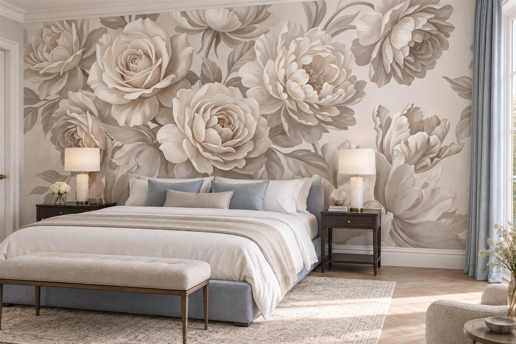 Oversized Ivory Roses In Soft Neutral Tones Wallpaper Mural — Installed Wallpaper Mural In A Bedroom, Peel-and-stick Finish