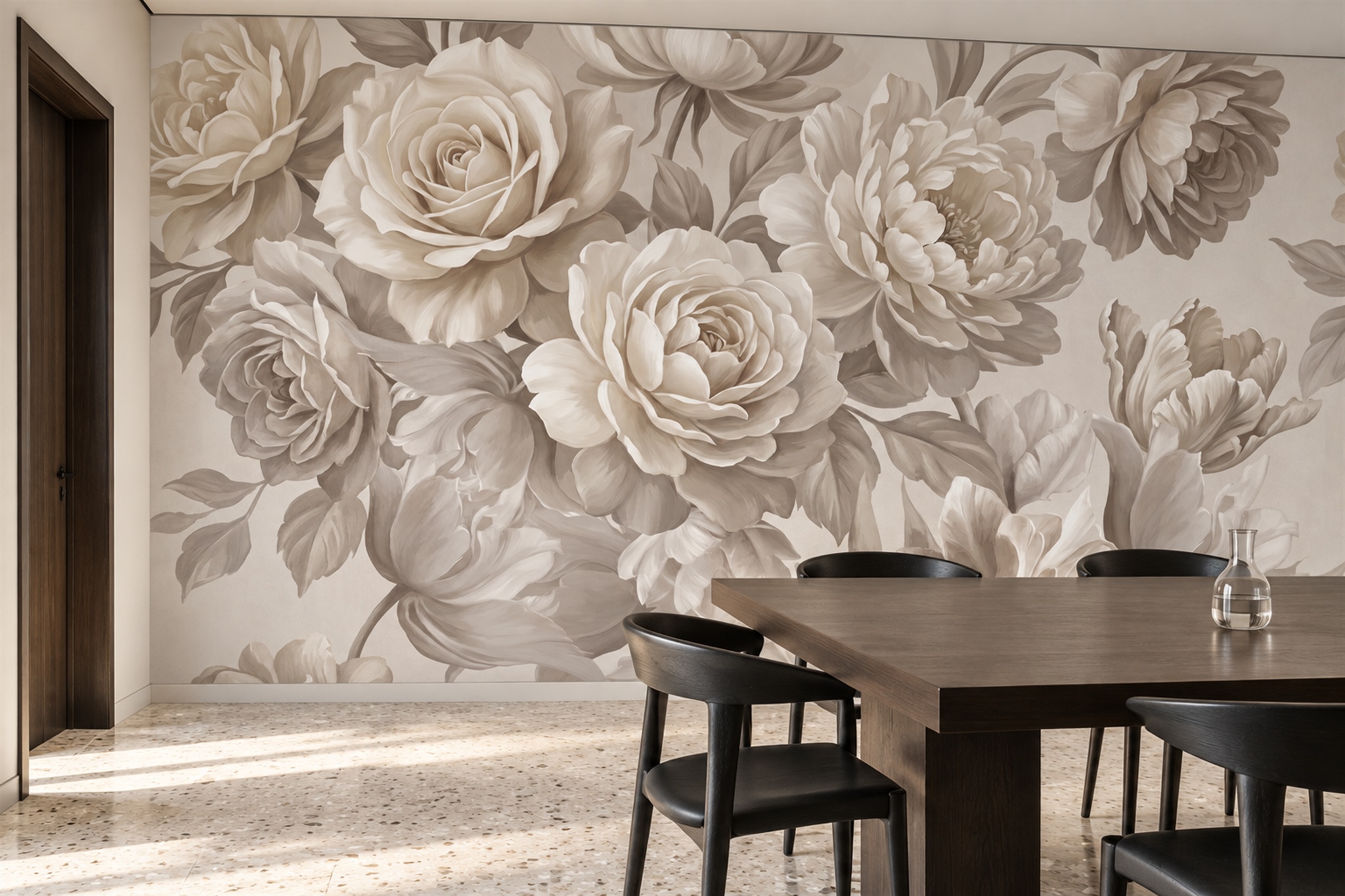 Ivory Rose Botanical Abstract Wallpaper Mural Dining-room-wallpaper-murals, Shown In A Dining Room, Peel-and-stick Finish