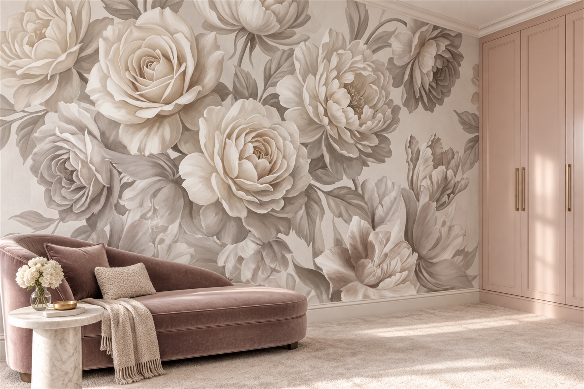 Ivory Rose Botanical Abstract Wallpaper Mural Feature-wall-wallpaper-murals, Peel-and-stick Finish