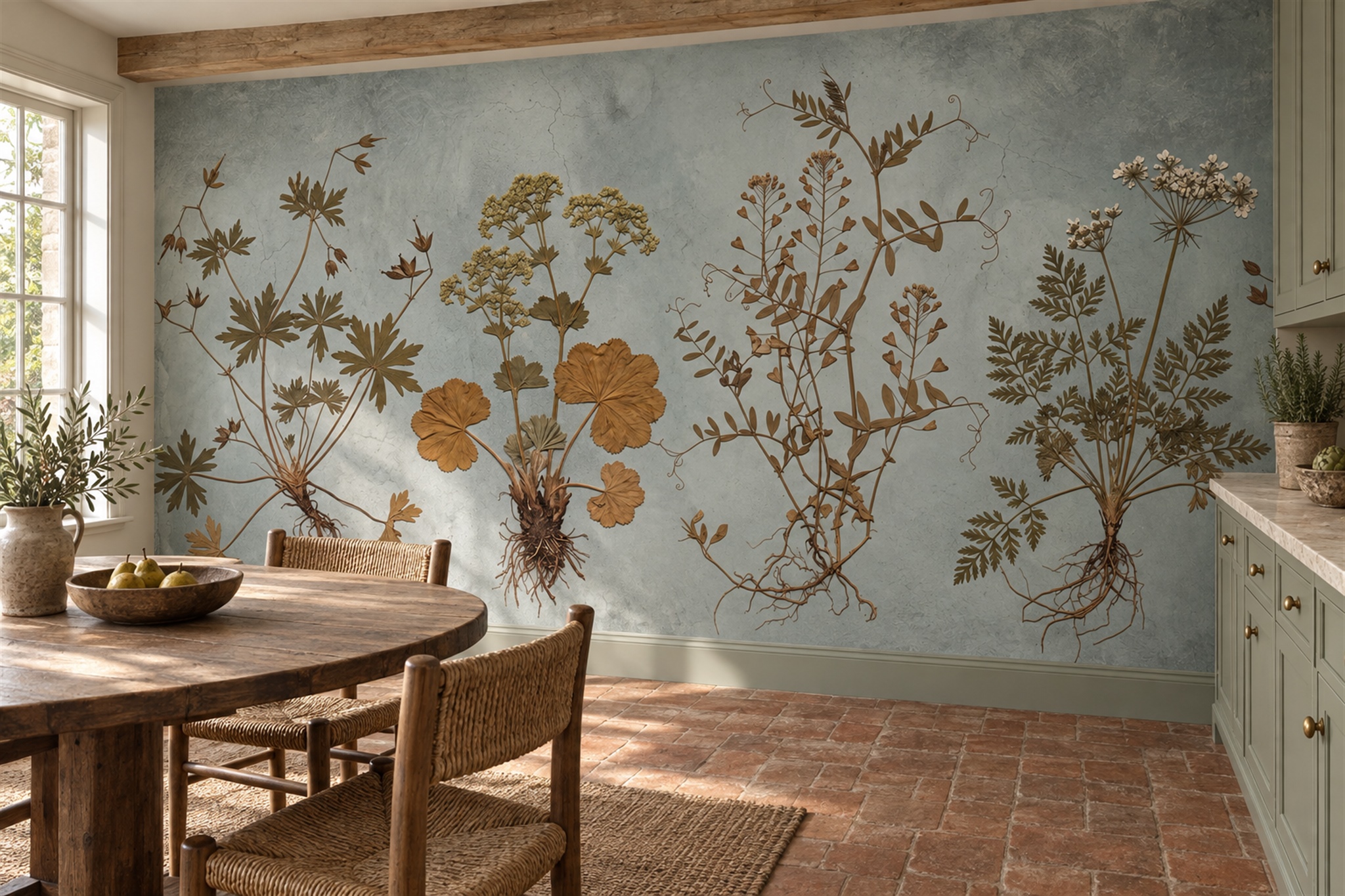 Vintage Gold Botanical Herbarium Wallpaper Mural — Wallpaper Mural Design, Peel-and-stick Finish